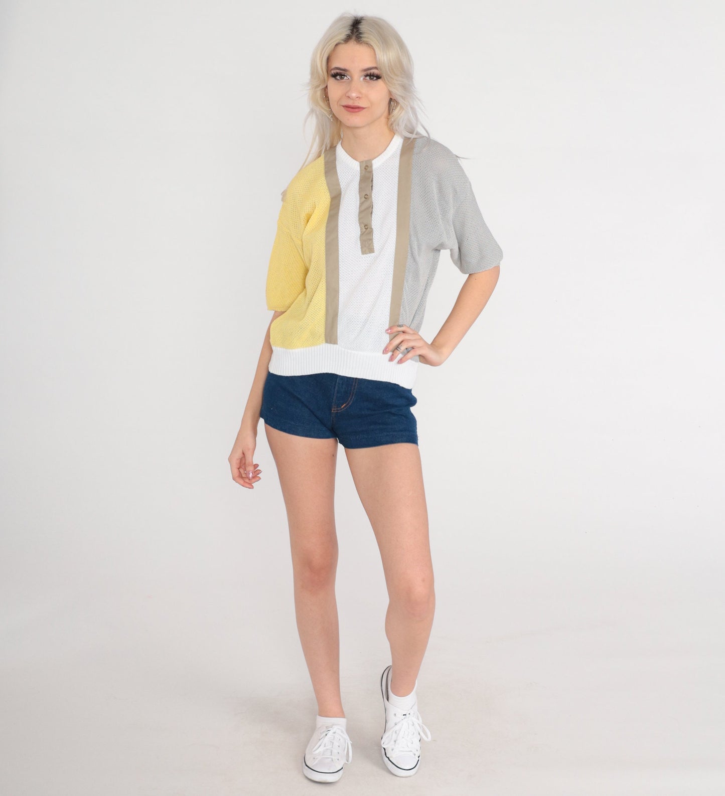 80s Sheer Color Block Knit Top Short Sleeve Henley Yellow White Grey Small