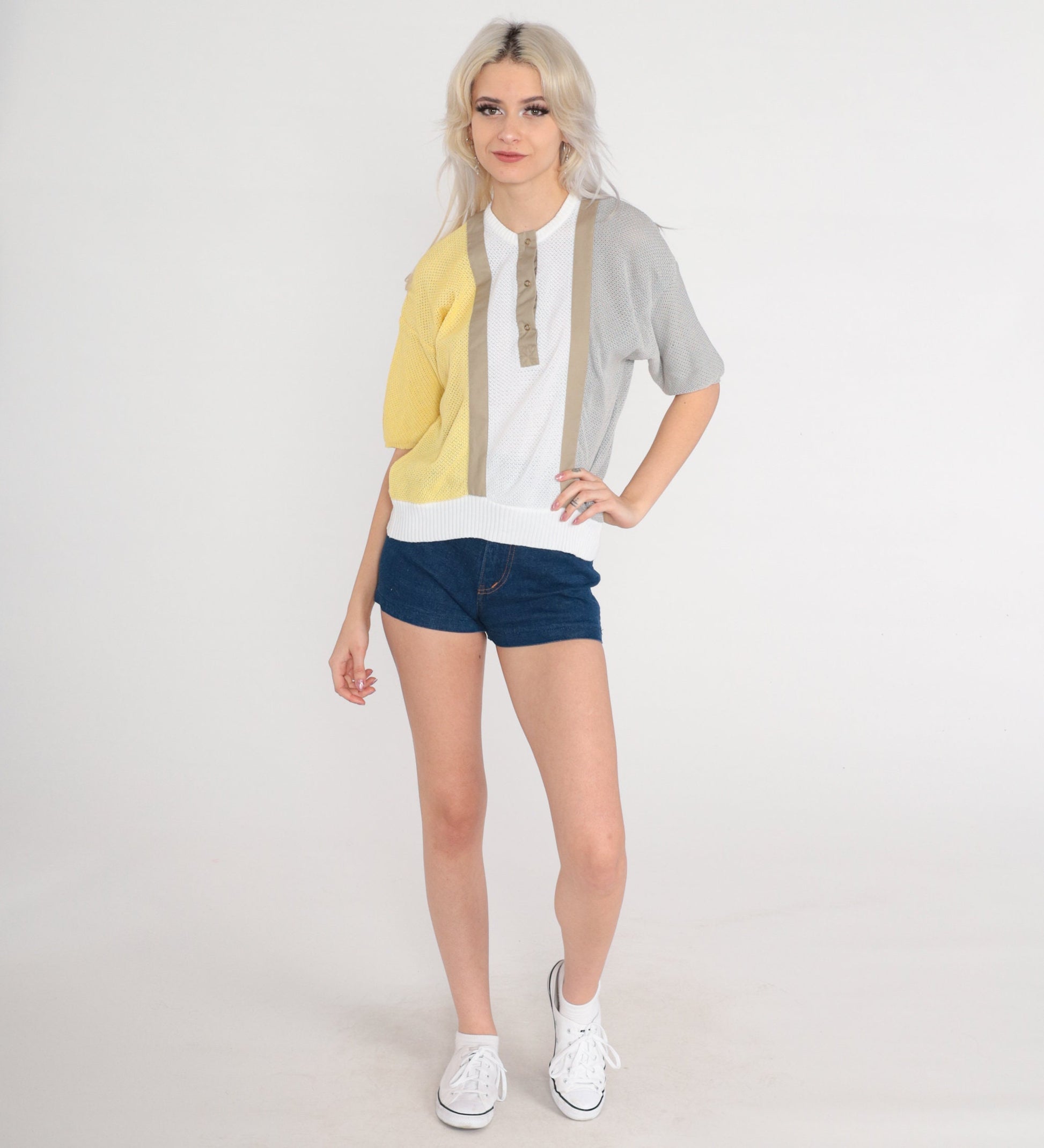80s Sheer Color Block Knit Top Short Sleeve Henley Yellow White Grey Small