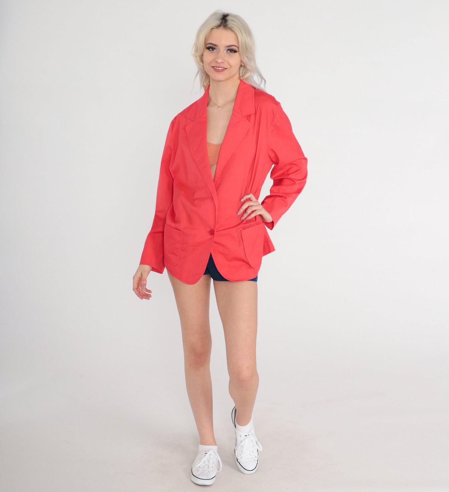 90s Coral Red Blazer Double Button Cotton Blend Jacket Medium