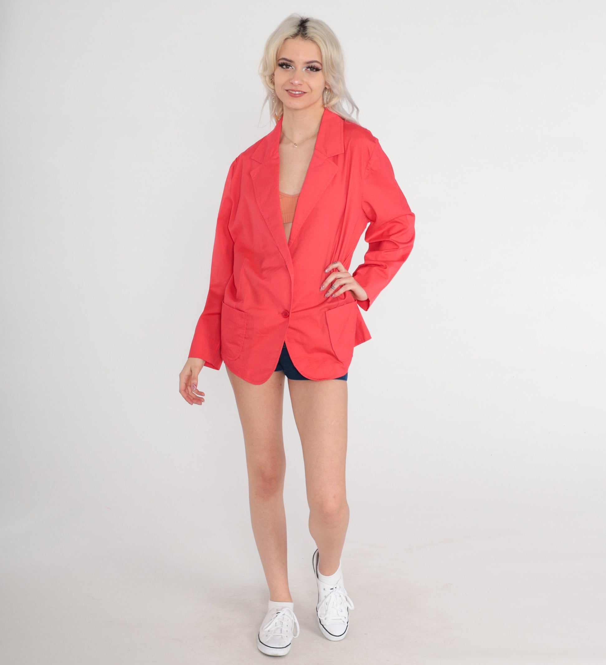 90s Coral Red Blazer Double Button Cotton Blend Jacket Medium