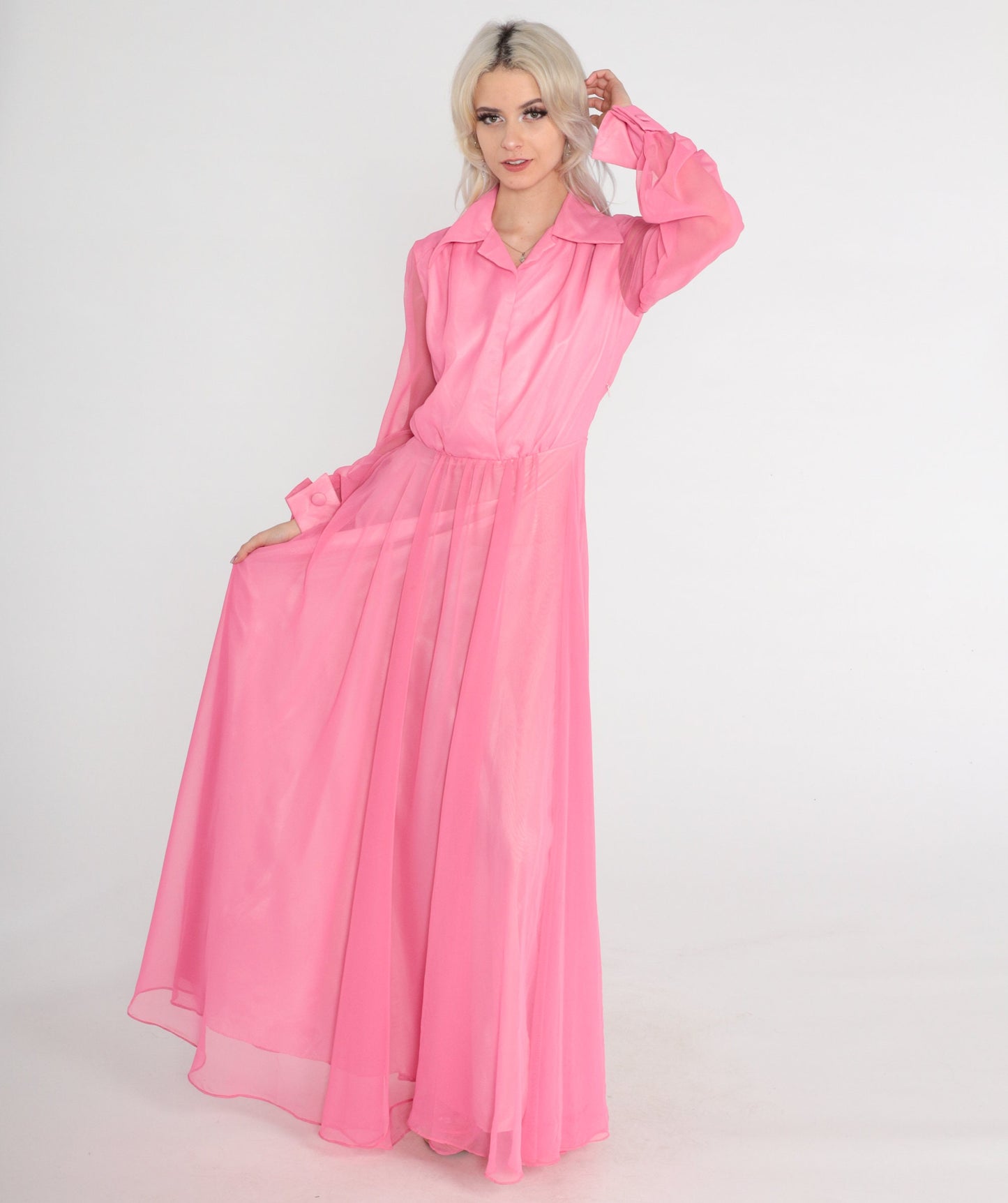 1970s Pink Chiffon Maxi Dress High Waist Button Front Long Sleeve Small