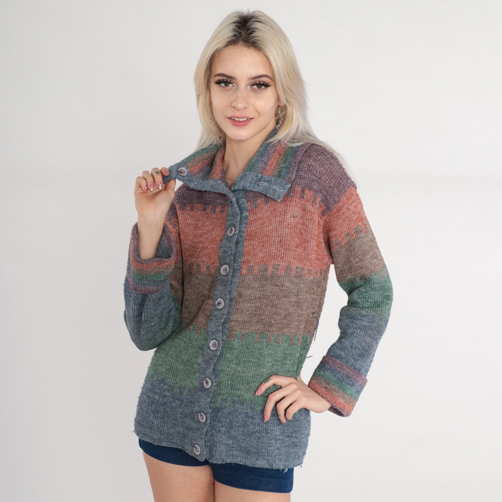 70s Striped Cardigan Knit Button Up Sweater Orange Blue Purple Green Medium M