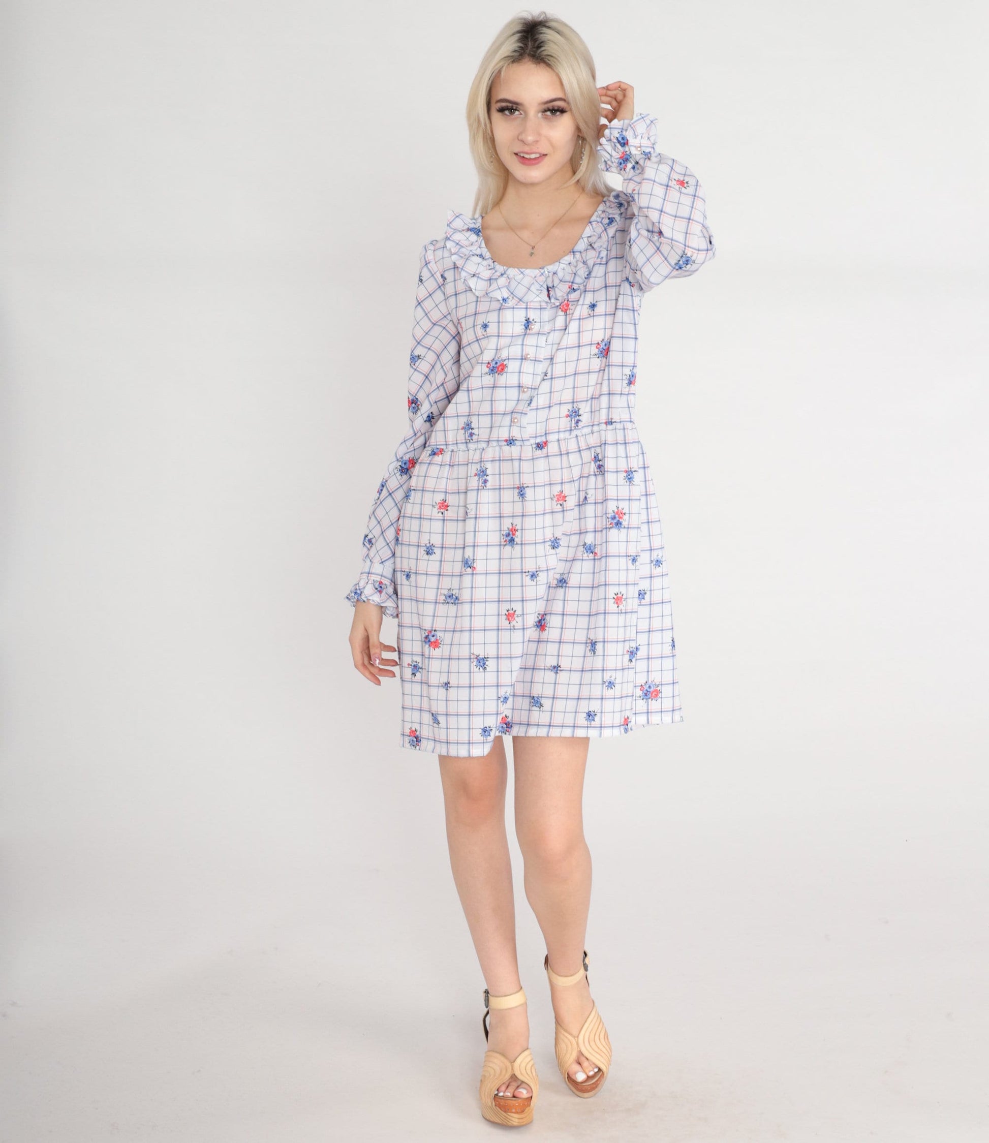 70s Checkered Floral Mini Dress Pearl Button High Waist Puff Sleeve Medium
