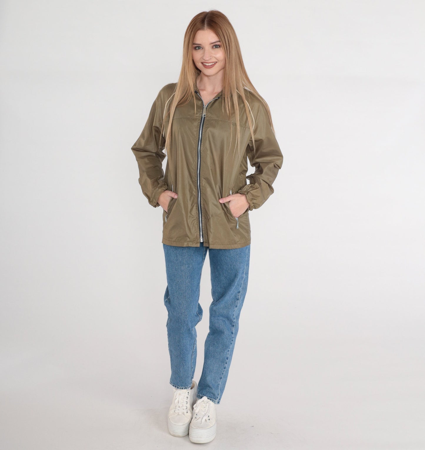 70s Olive Brown Nylon Windbreaker Jacket Zip Hood Large L