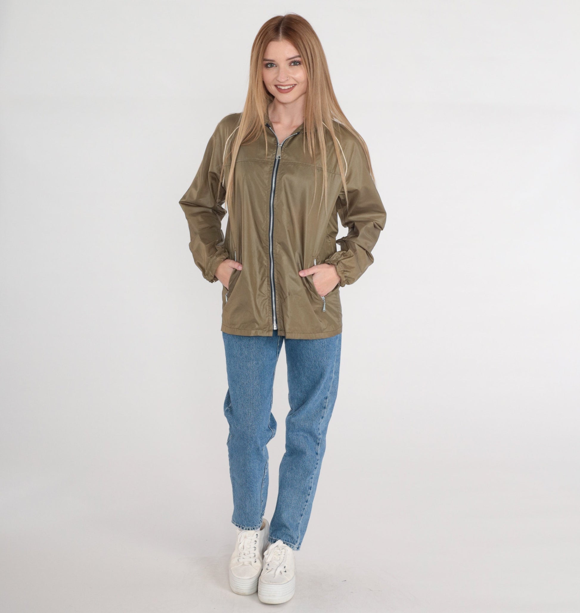 70s Olive Brown Nylon Windbreaker Jacket Zip Hood Large L