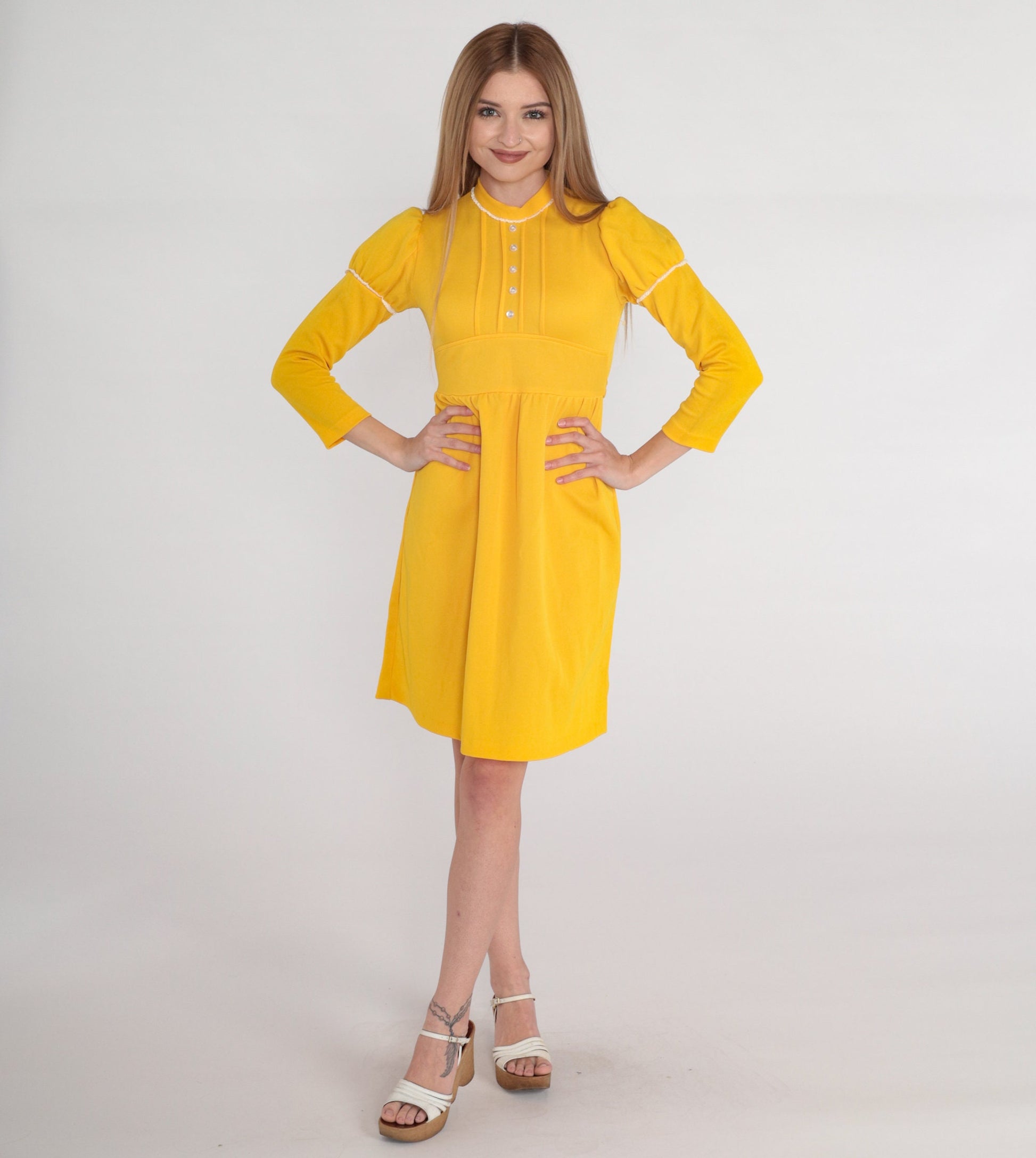 70s Yellow Babydoll Mini Dress Puff Sleeve Empire Waist XXS