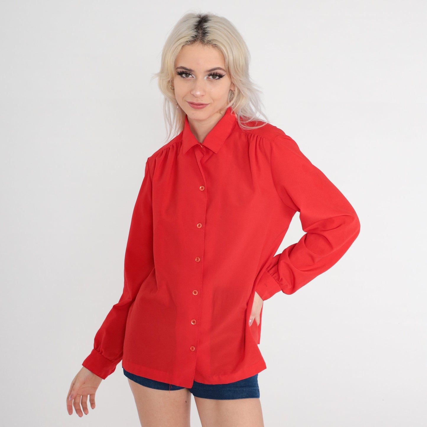 80s Red Button-Up Blouse Long Sleeve Collared Shirt Large L