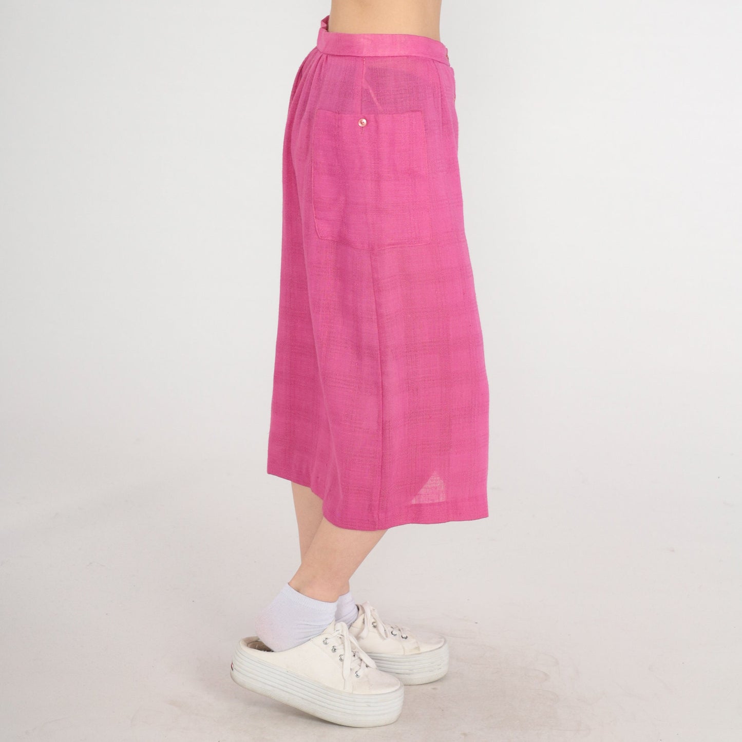 80s Pink Button-Up Midi Skirt High Waist Sheer Medium