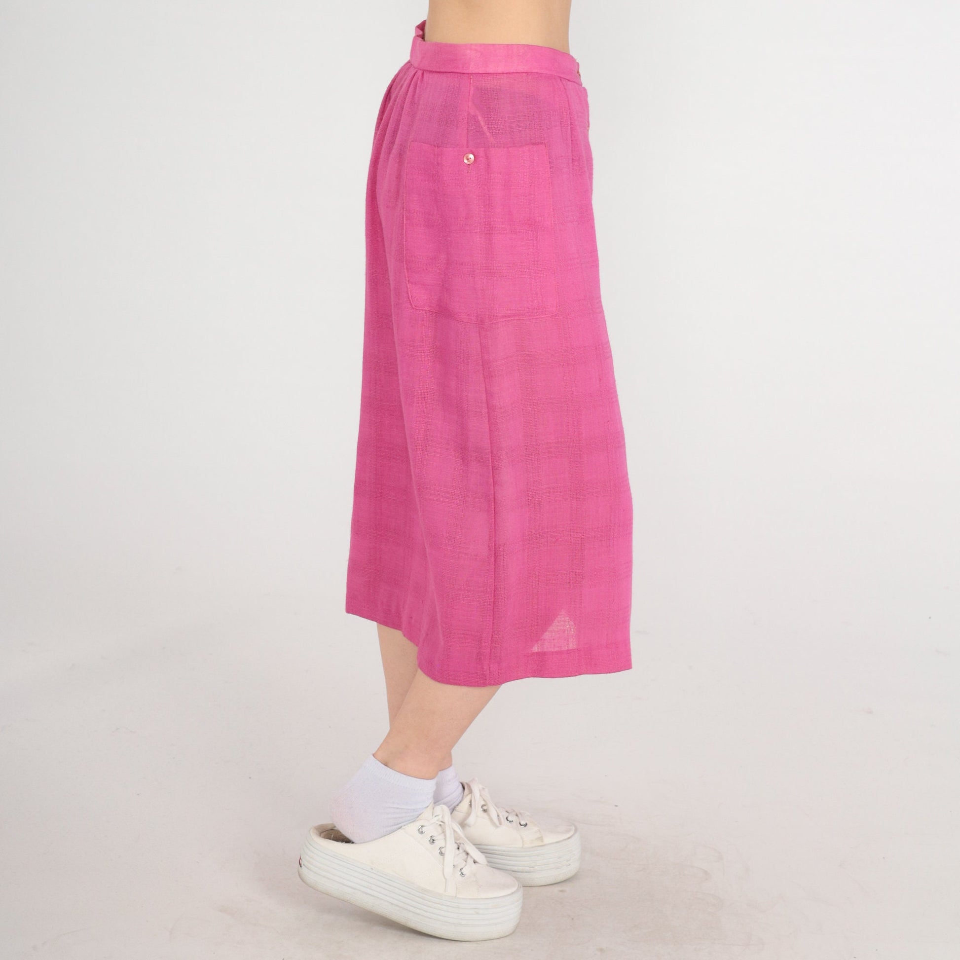 80s Pink Button-Up Midi Skirt High Waist Sheer Medium