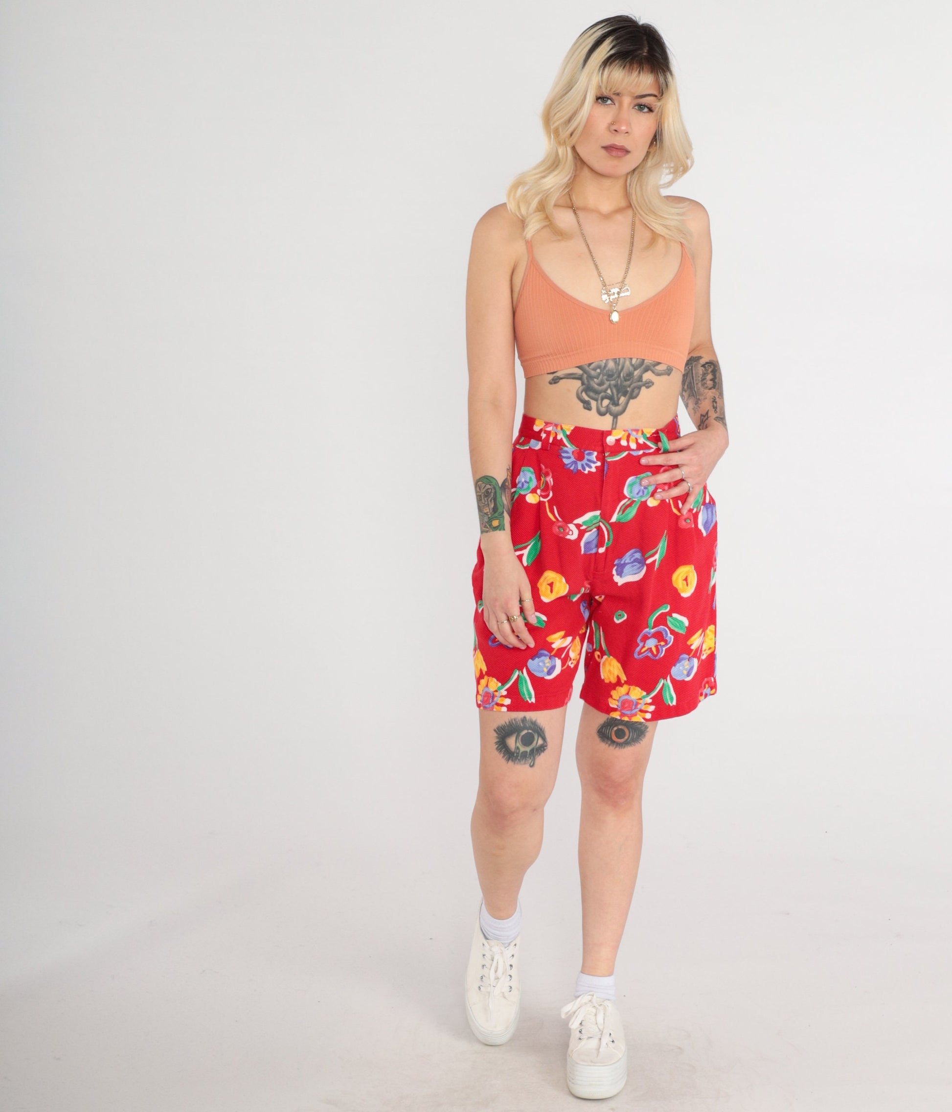 90s Red Floral High-Waisted Shorts Cotton Pockets Small