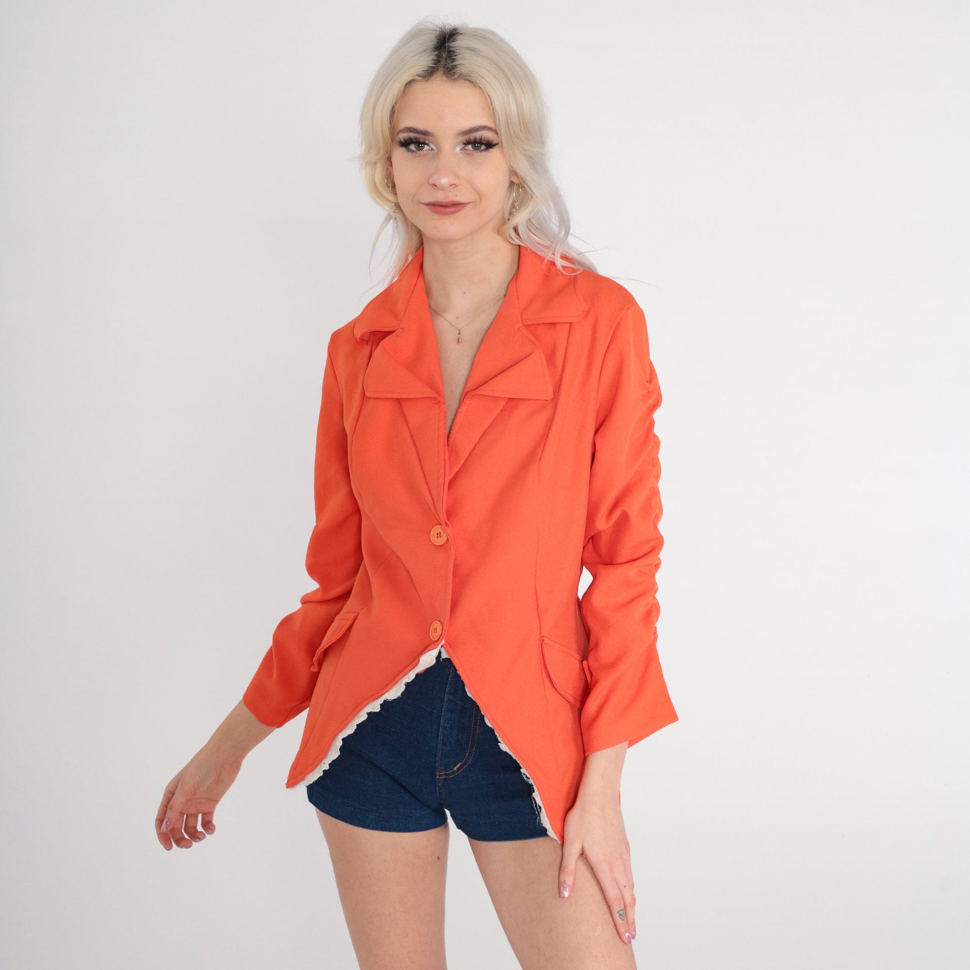 70s Orange Blazer Notched Collar Ruched Sleeves Eyelet Lace Extra Small