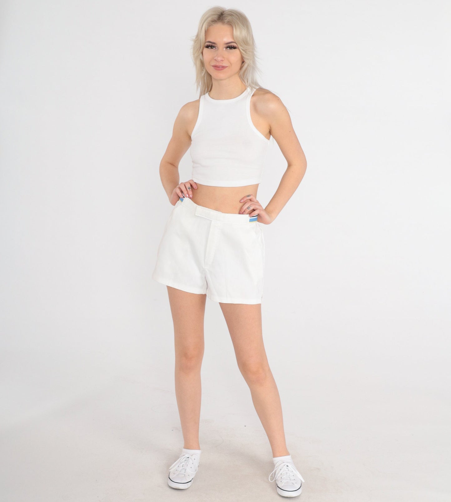 80s Jantzen White Tennis Shorts Blue Stripe High-Waist Small