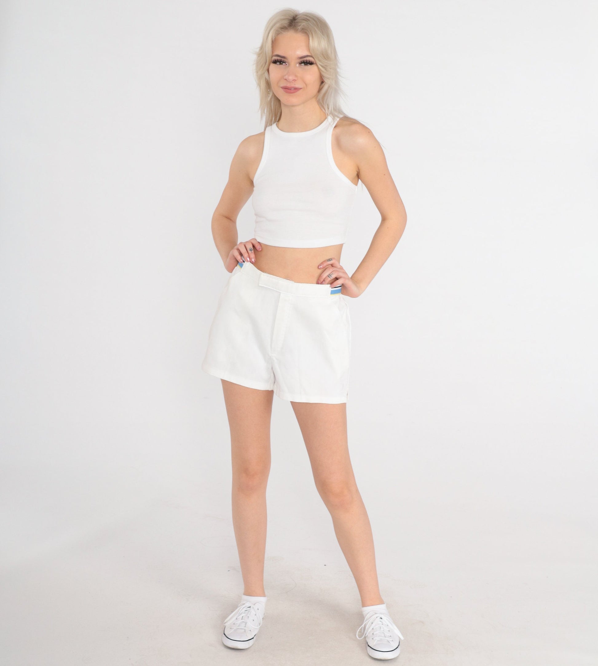 80s Jantzen White Tennis Shorts Blue Stripe High-Waist Small