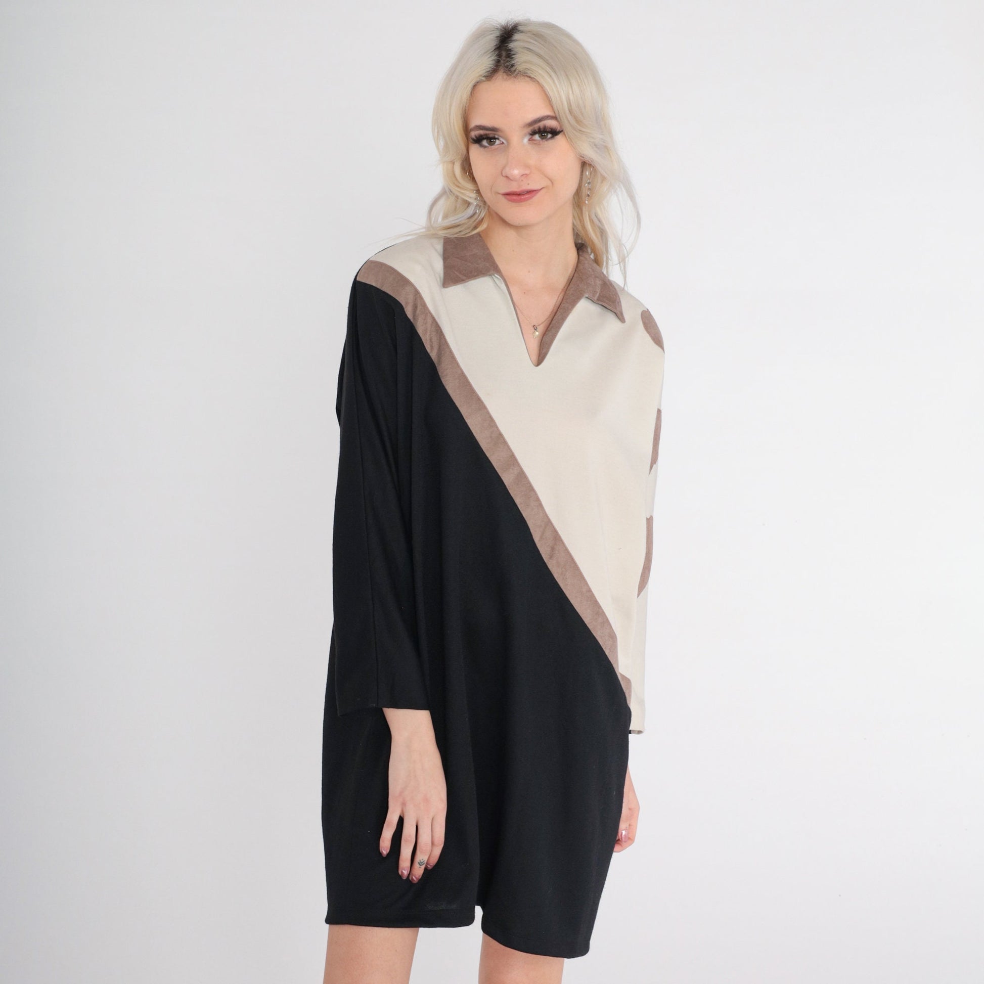 70s Shift Dress Faux Suede Leaf Print Colour Block Mini Black Beige Large