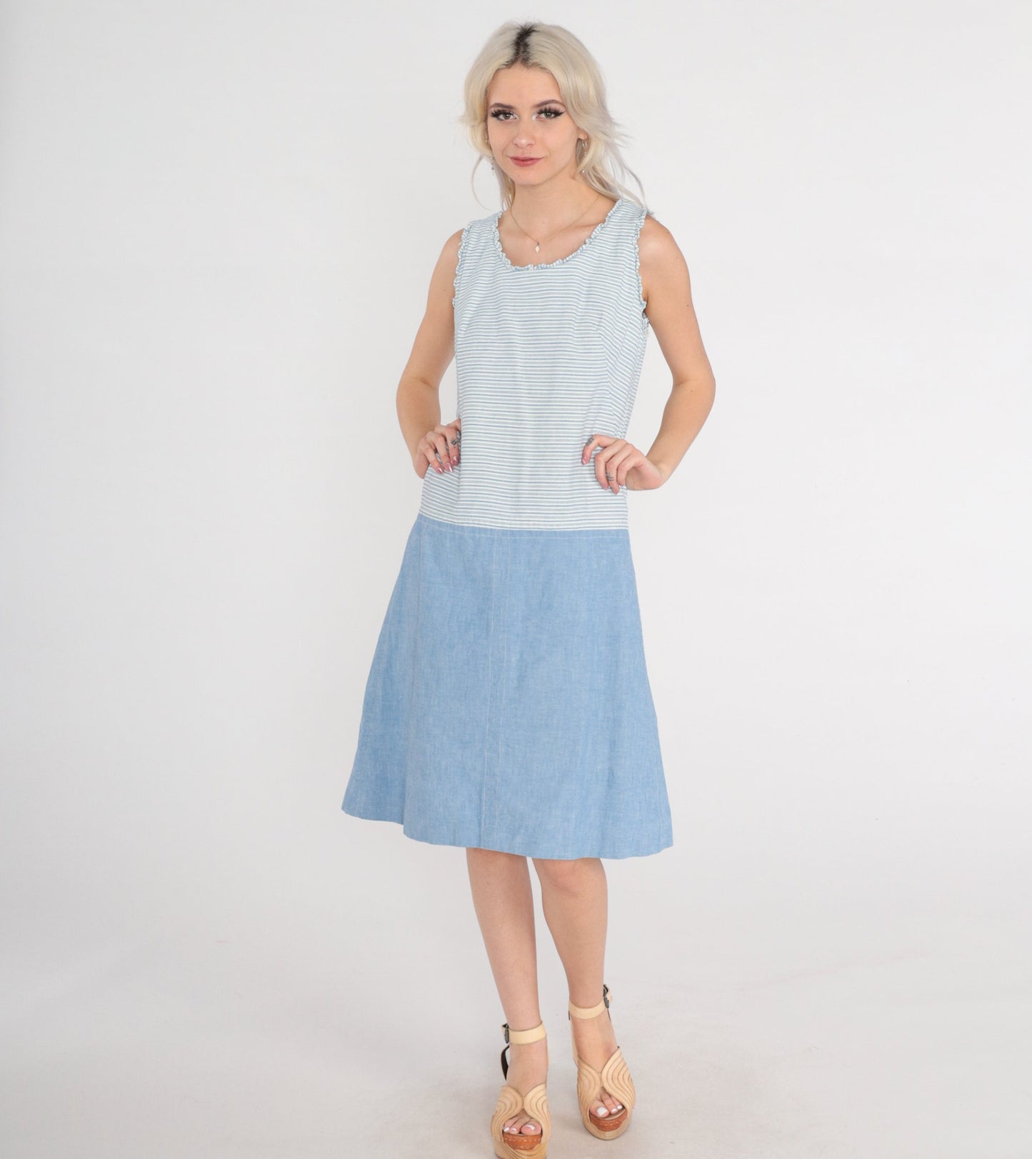 60s Mod Shift Dress Blue White Striped Mini Drop Waist Sleeveless Small