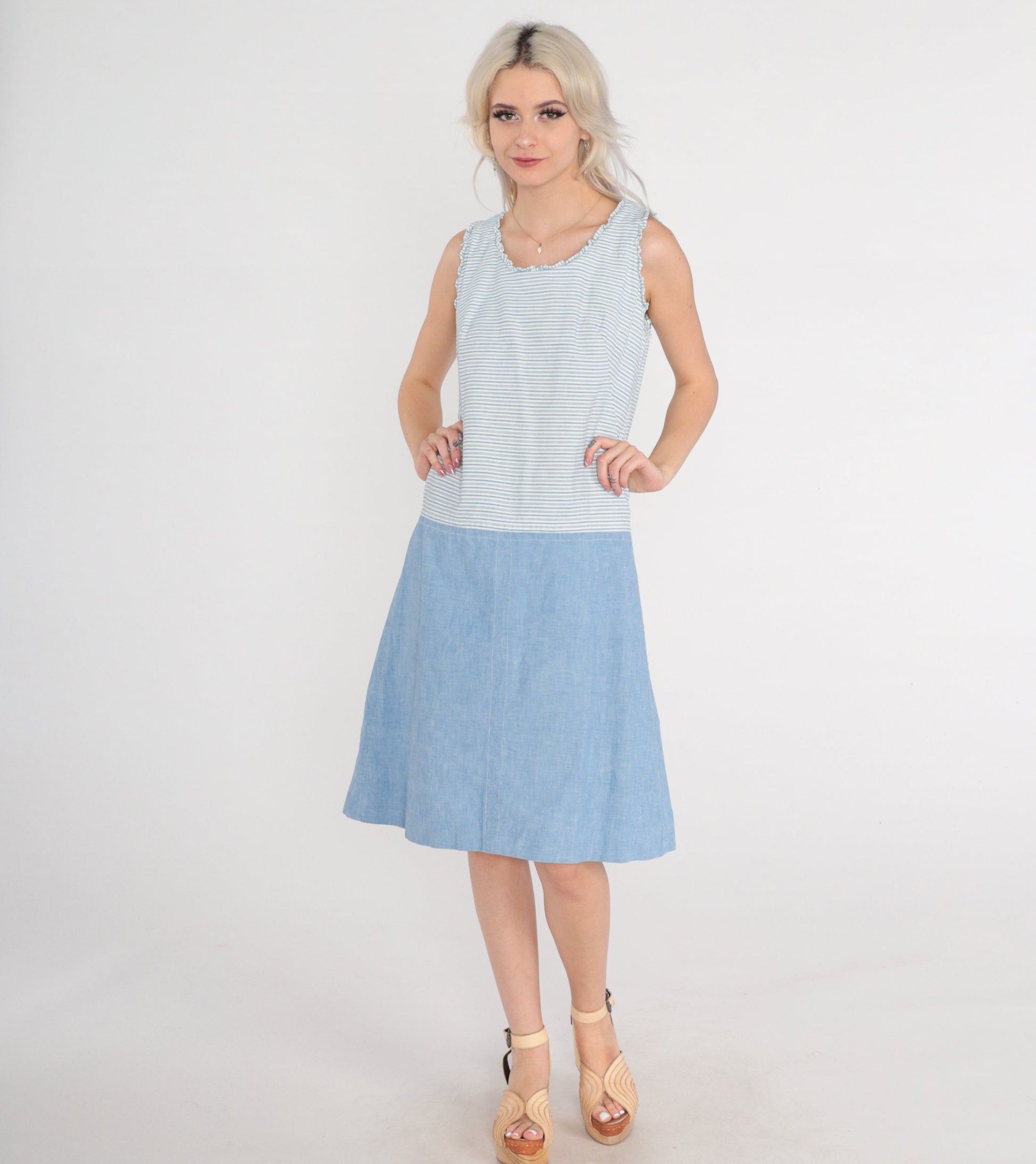 60s Mod Shift Dress Blue White Striped Mini Drop Waist Sleeveless Small