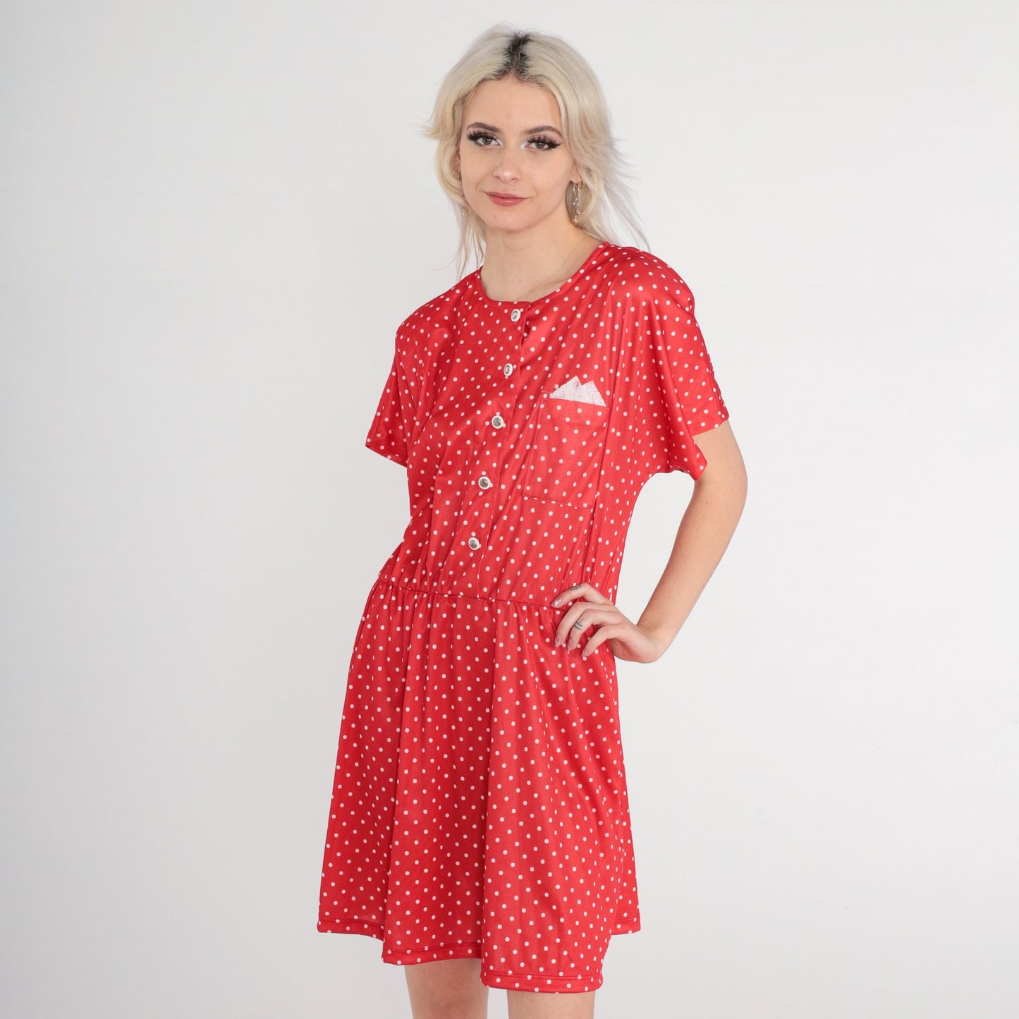 80s Red Polka Dot Button-Up Mini Dress High Waist Shirtdress Large