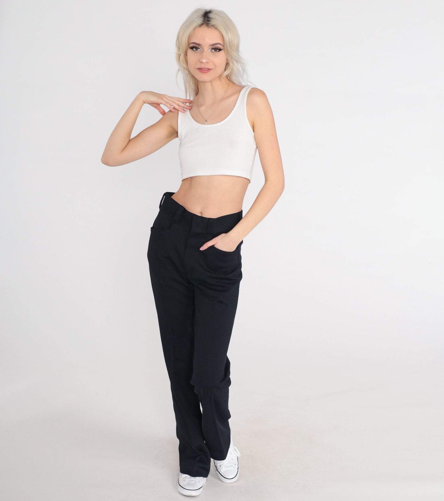 70s Black Flared Trousers Mid Rise Vintage 1970s Pants Medium