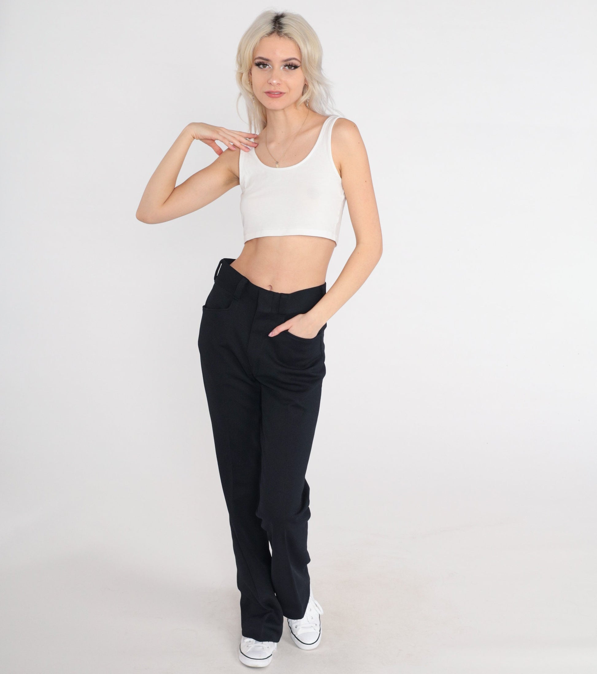 70s Black Flared Trousers Mid Rise Vintage 1970s Pants Medium