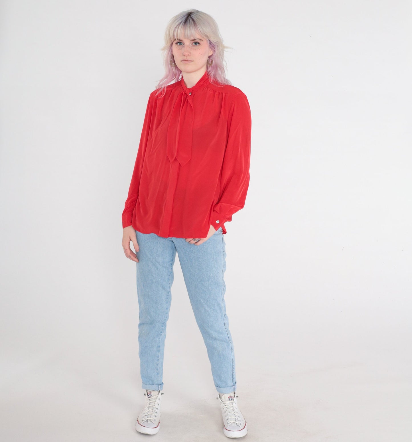 80s Red Ascot Bow Blouse Long Sleeve Button-Up Secretary Shirt Medium 8