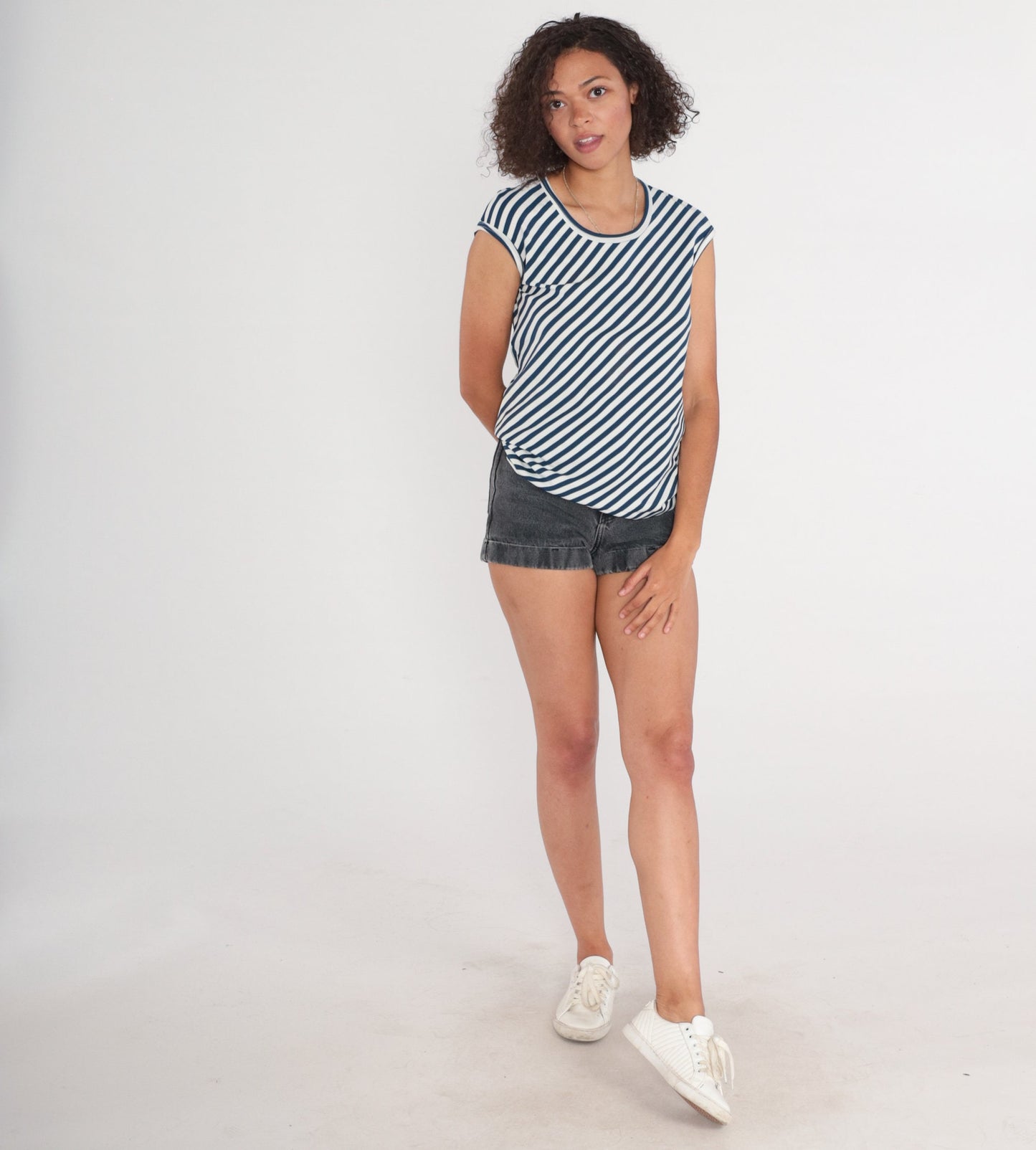 70s Navy White Diagonal Striped Cap Sleeve Blouse Crew Neck Small