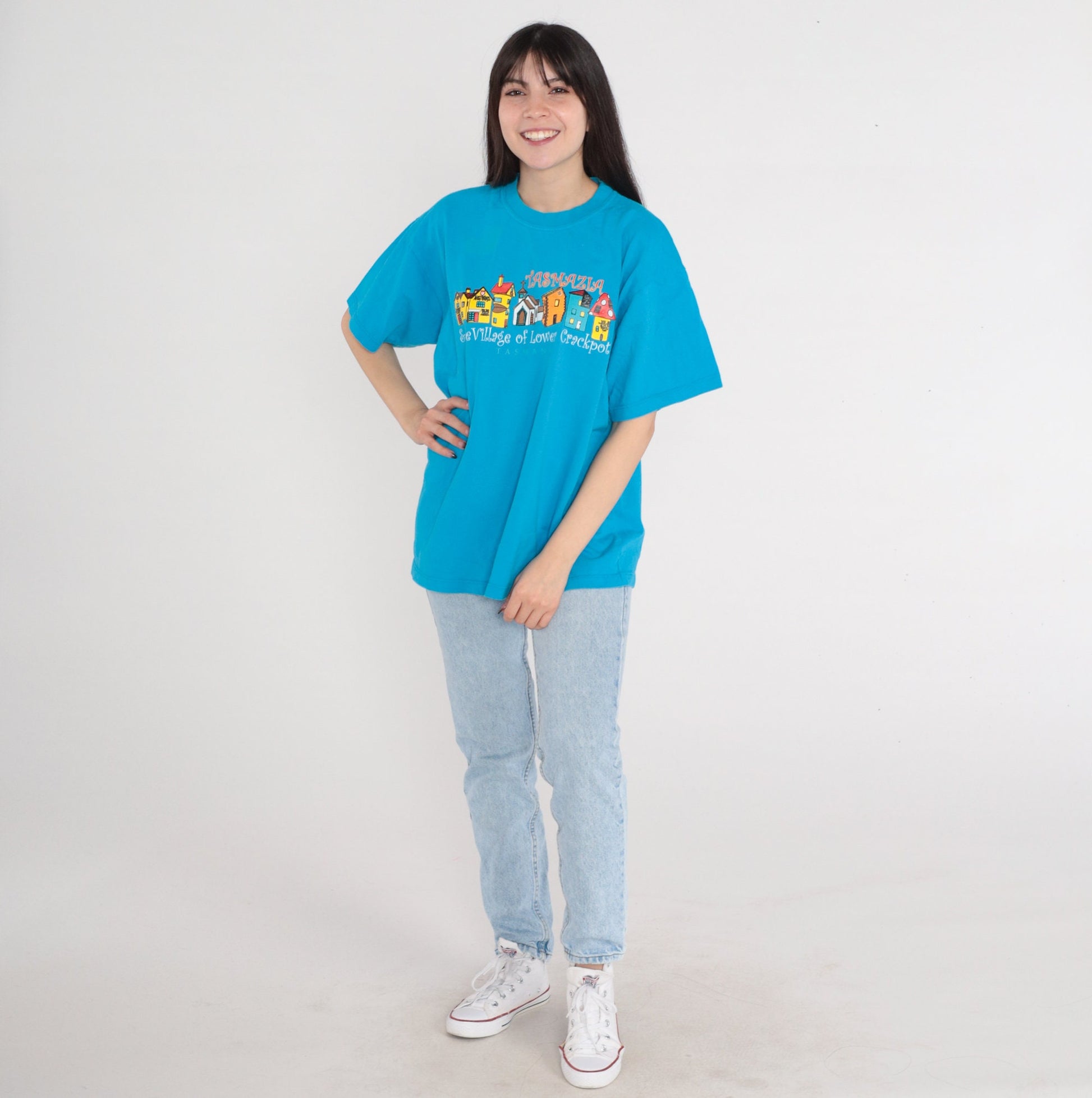 90s Tasmazia Australia Graphic T-Shirt Village Lower Crackpot Blue Large L