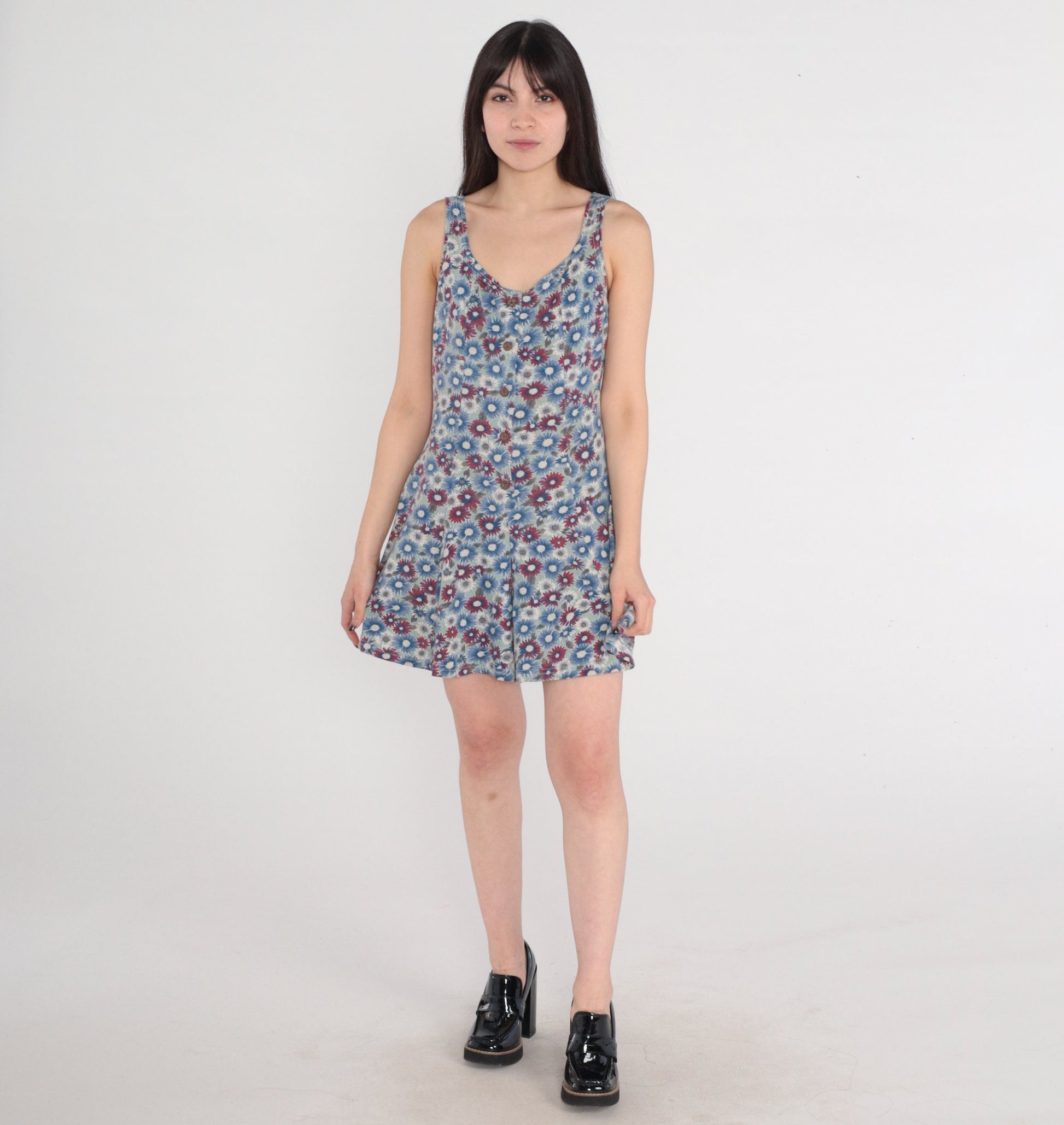 90s Floral Button-Up Romper Sleeveless Wide Leg Blue Red Daisy Small