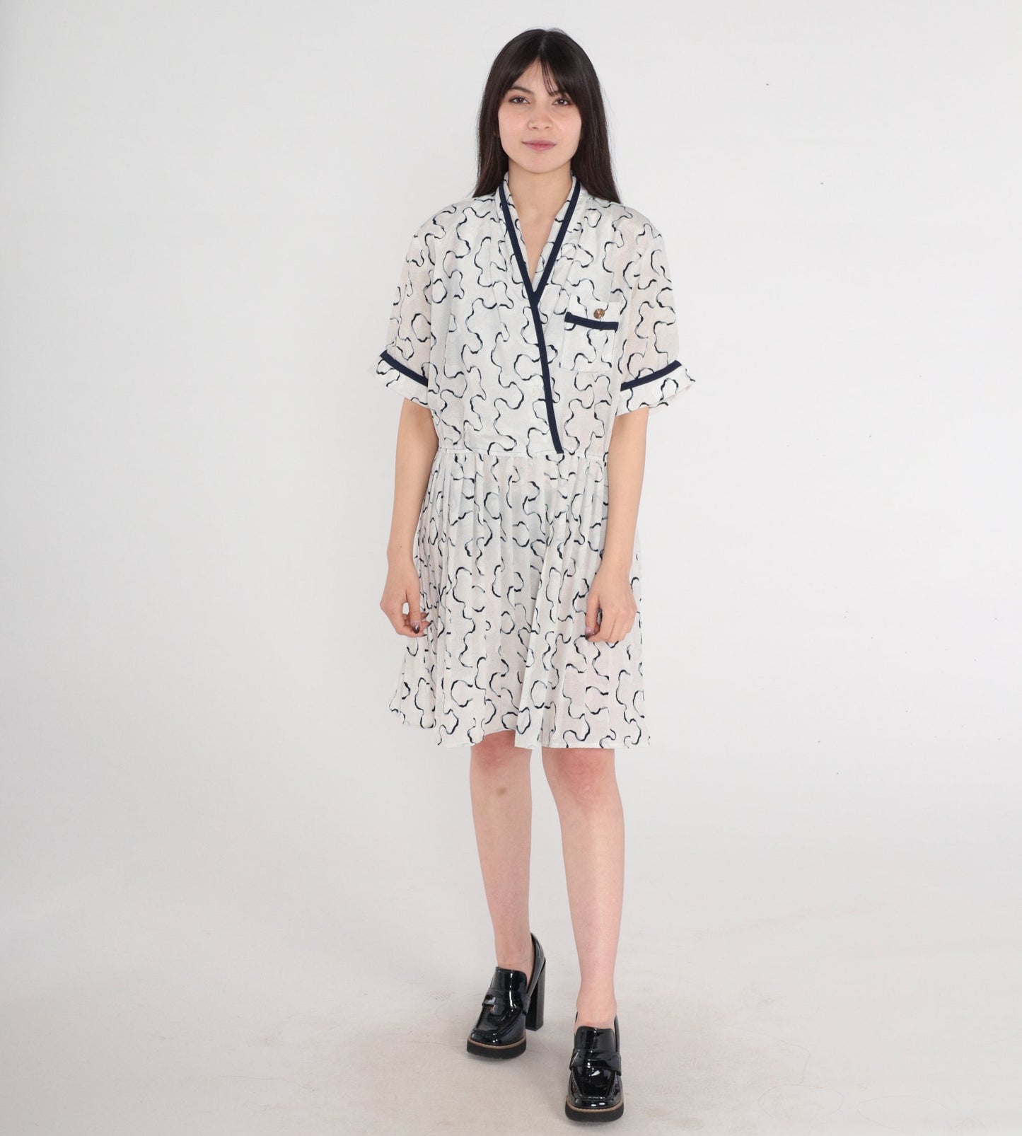 80s Squiggle Print Mini Dress White Navy Faux Wrap Pleated V-Neck Large