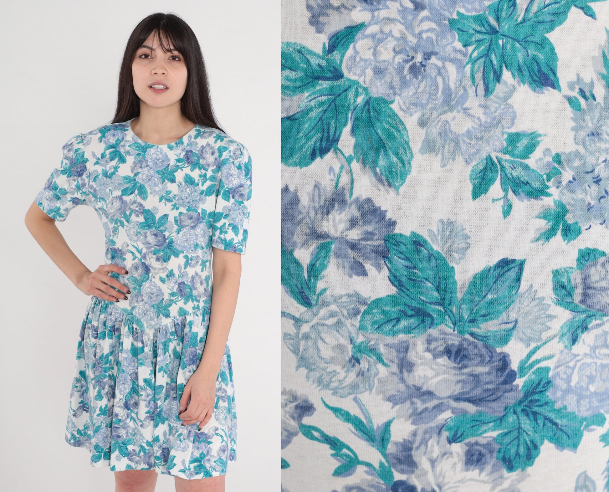 80s Floral Mini Dress Puff Sleeve White Rose Print Basque Waist Small