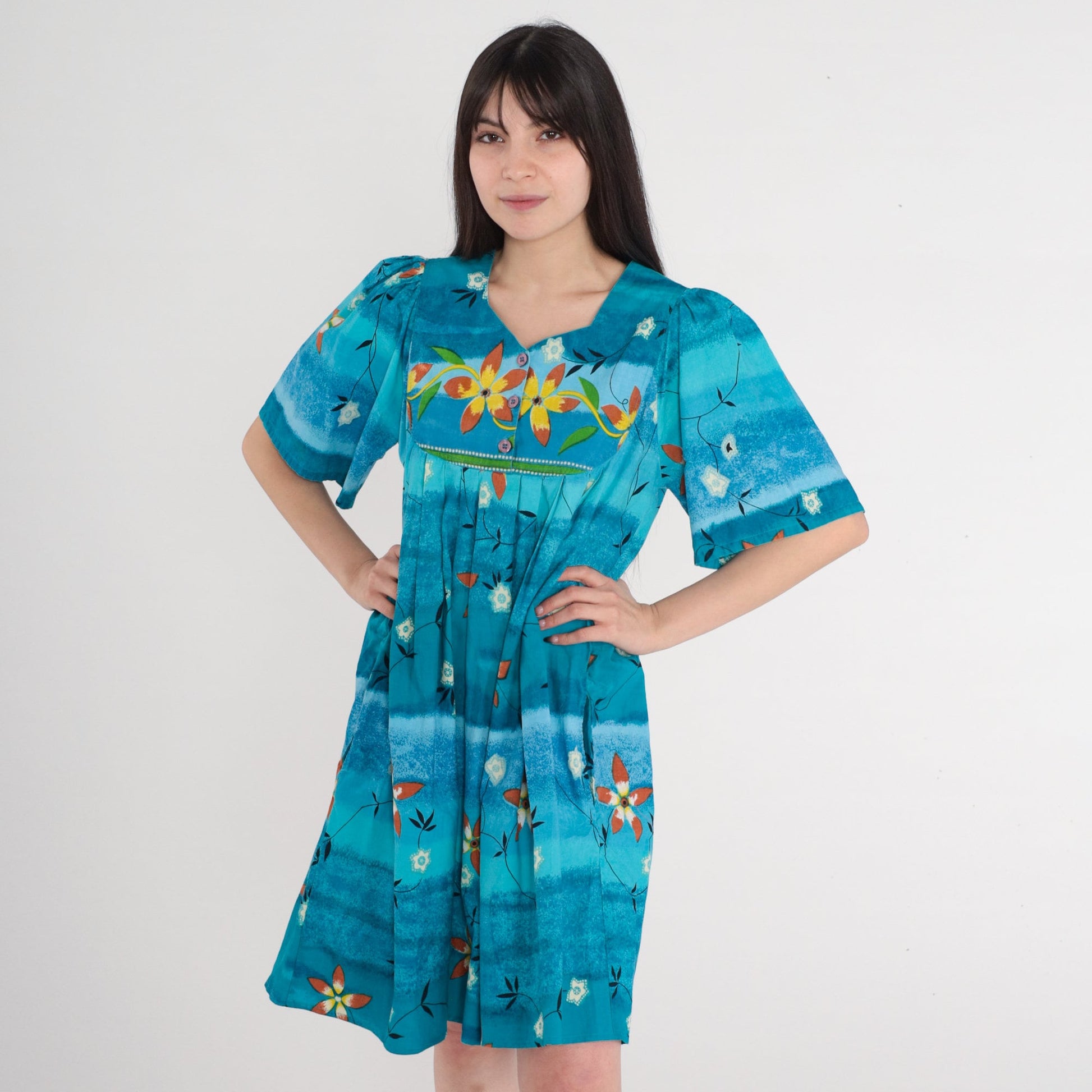 80s Tie Dye Floral Mini Dress Blue Tropical Cotton Tent Cut Pockets Small