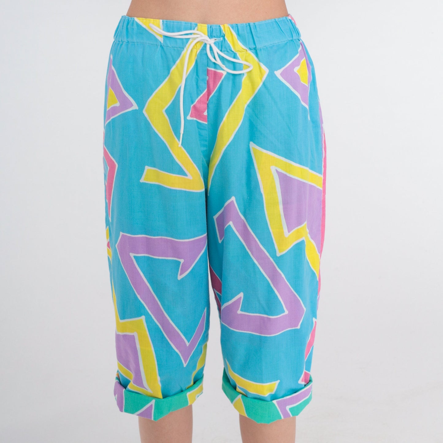 80s Blue Capri Pants Abstract Geometric Print High Waist Drawstring Small Medium
