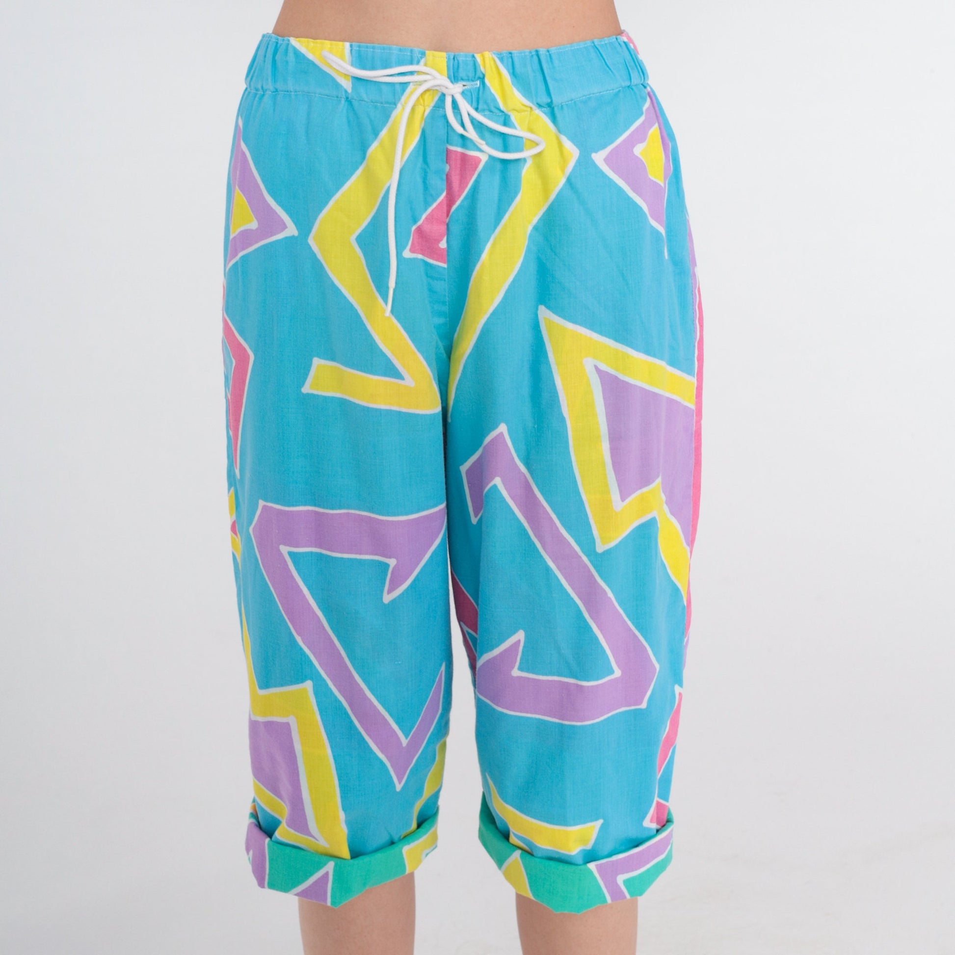 80s Blue Capri Pants Abstract Geometric Print High Waist Drawstring Small Medium