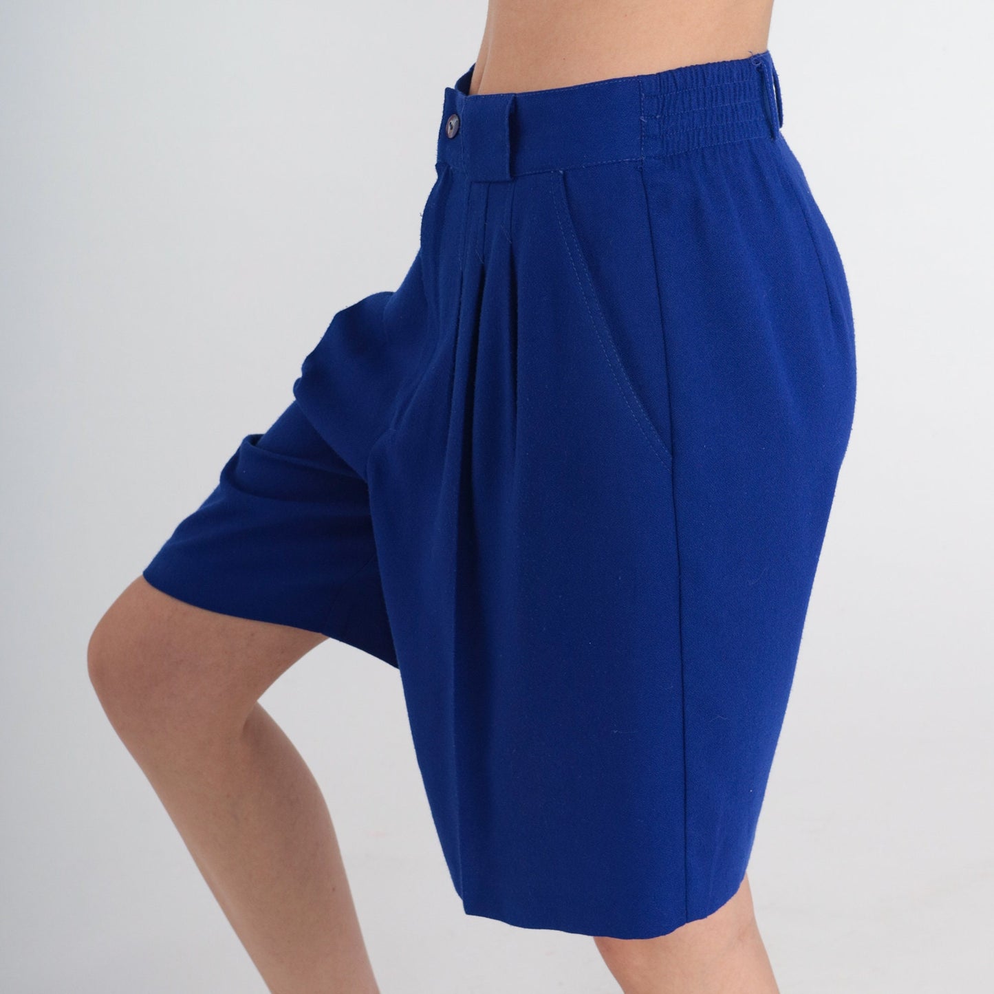 80s Blue Pleated High-Waisted Shorts Knee Length Medium
