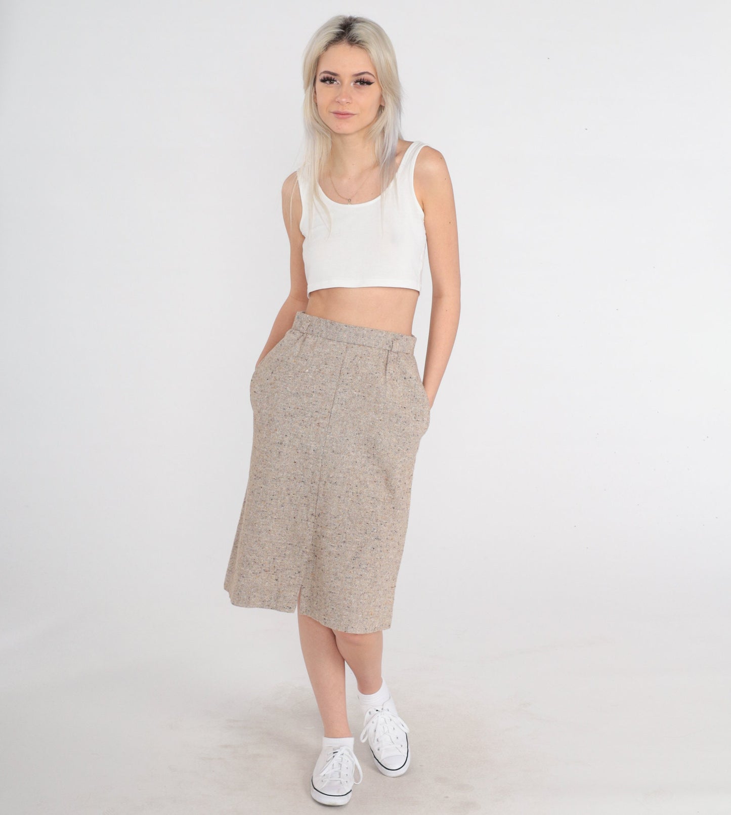 70s Wool Blend Pencil Skirt Tan High Waist Midi Front Slit Small
