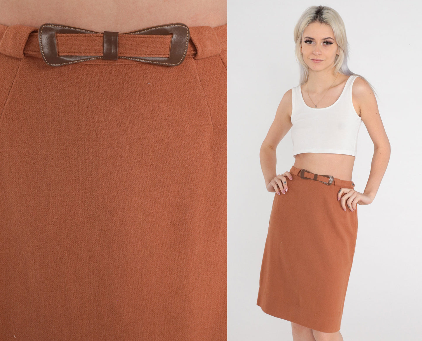 70s Brown Wool Mini Pencil Skirt High Waist Rear Slit Small