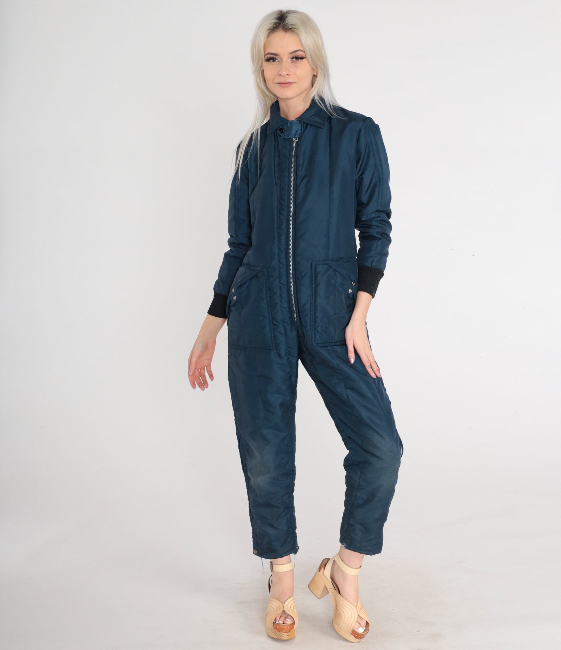 70s Snow Shield Navy Insulated Ski Suit Jumpsuit Ankle Zip XS