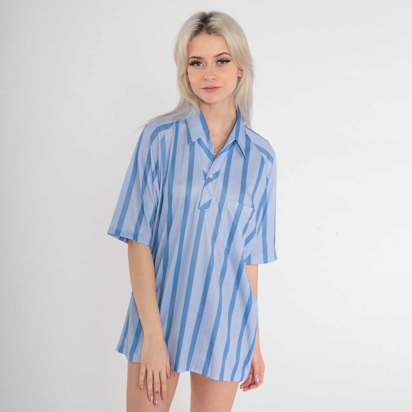 70s Blue Striped Polo Shirt Half Button Collared Short Sleeve Men's Large