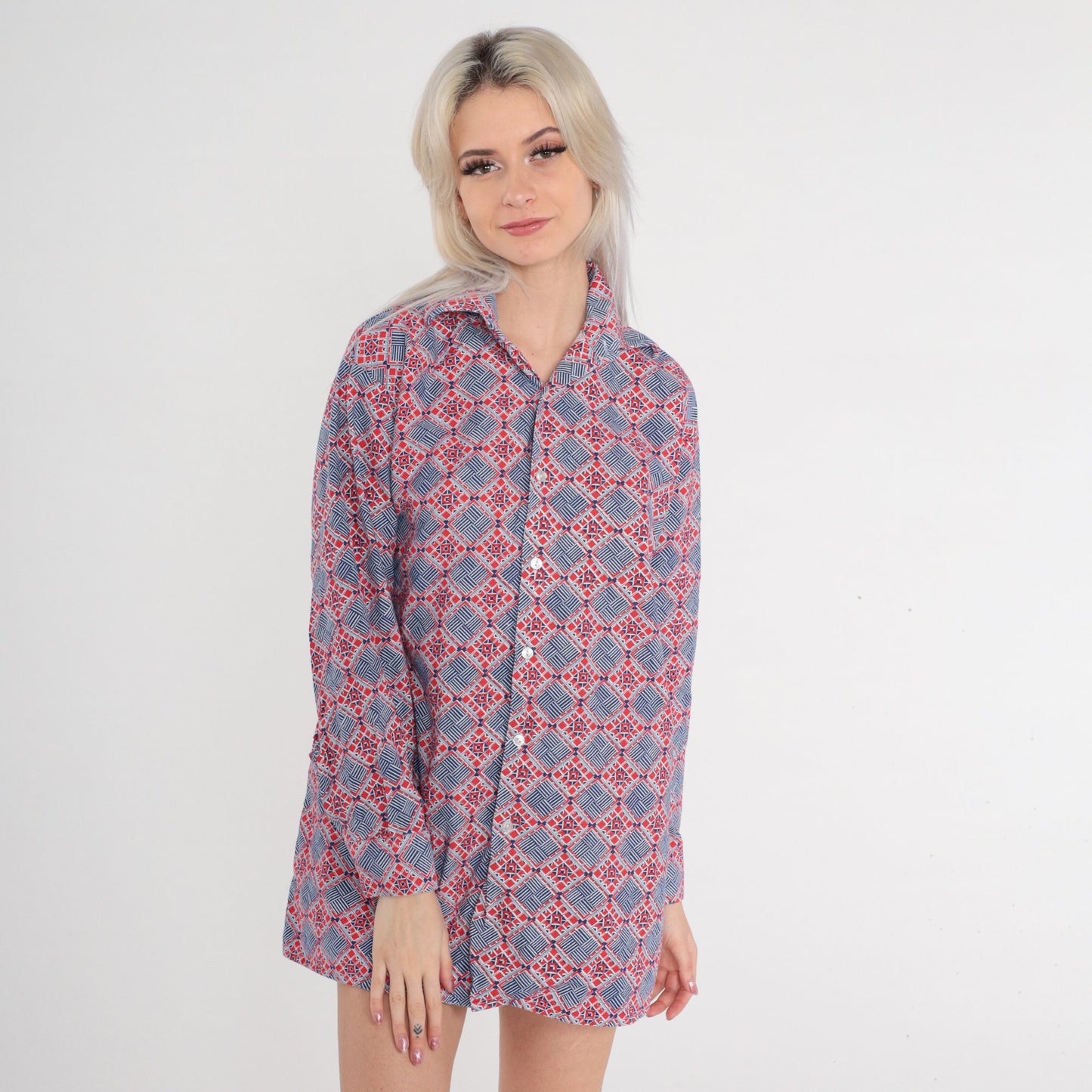 70s Lotus Button Up Shirt Red Blue Geometric Tile Print Long Sleeve Extra Large