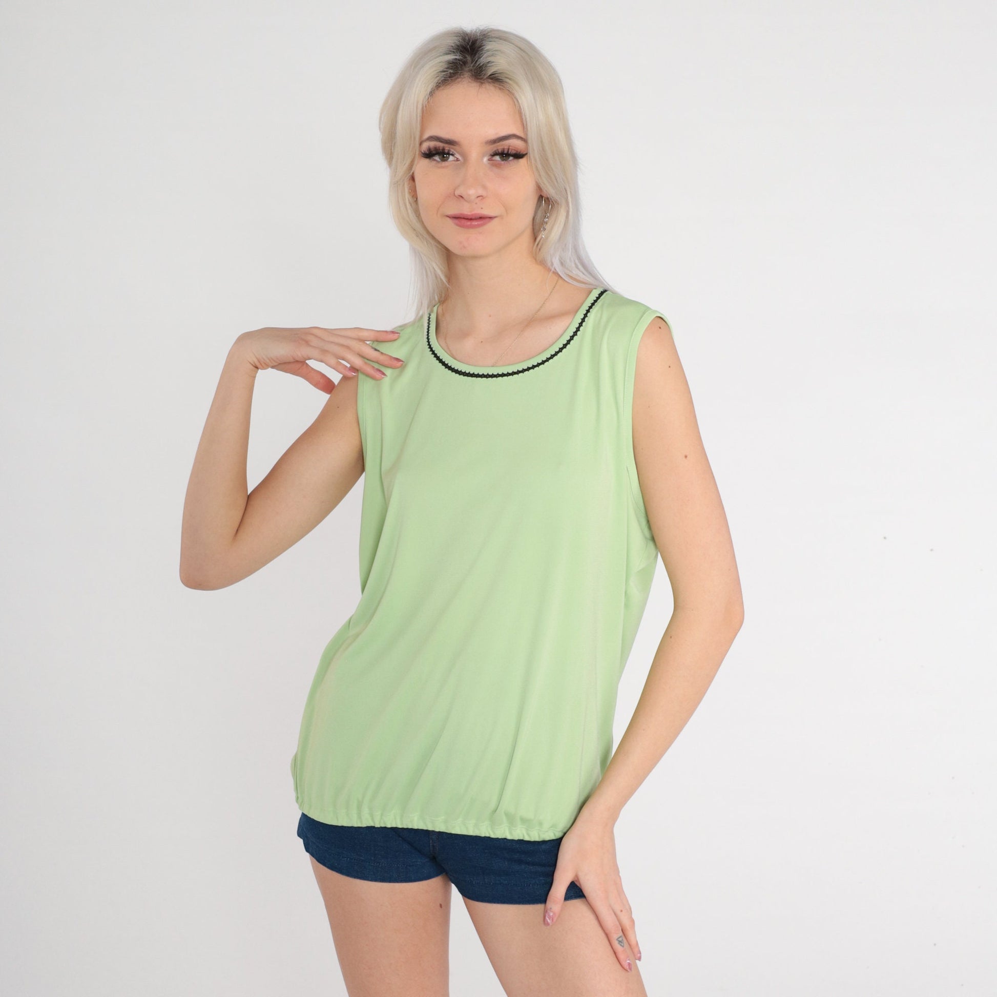 90s Green Tank Top Black Trim Sleeveless Shirt Large L