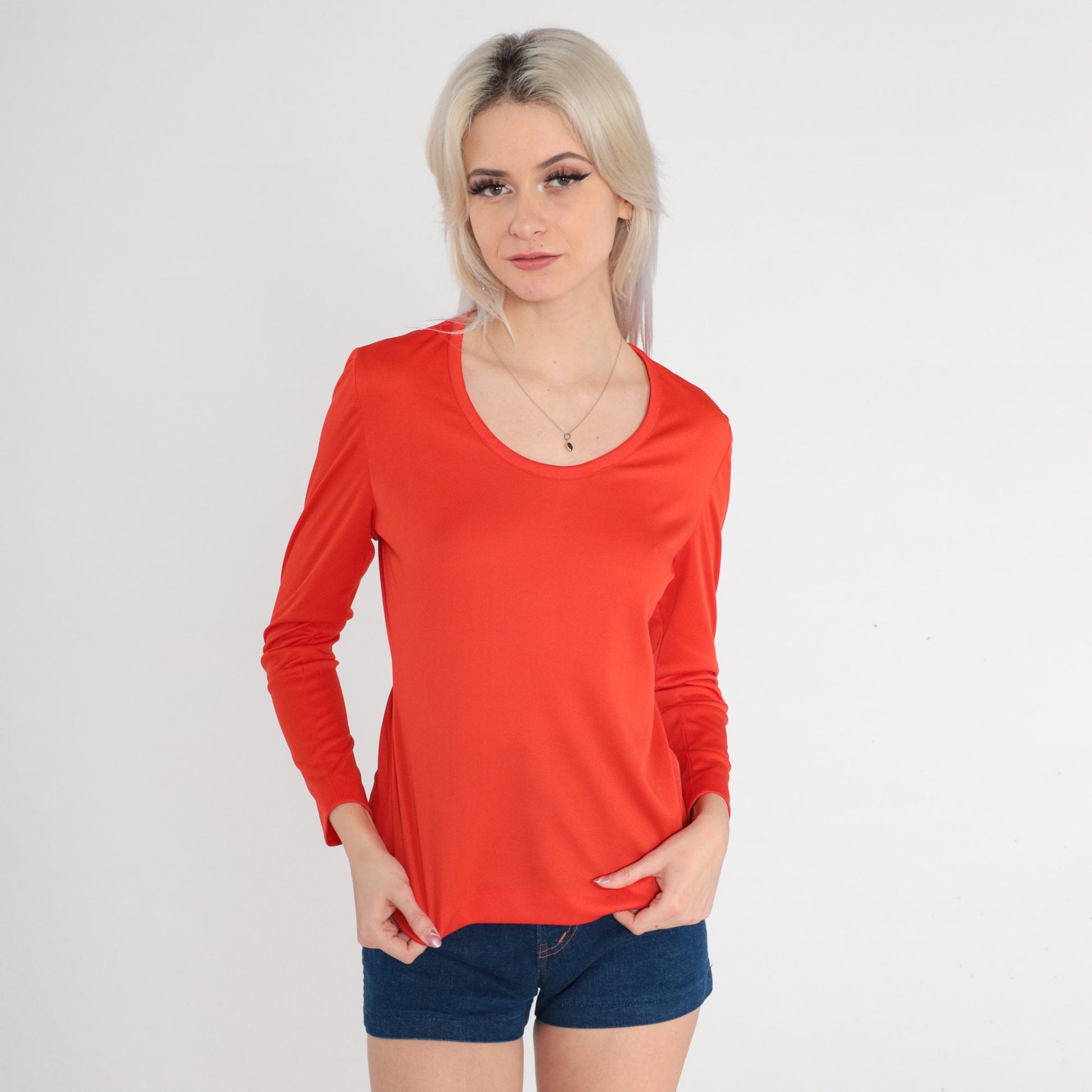 70s Red-Orange Scoop Neck Long Sleeve Shirt Small