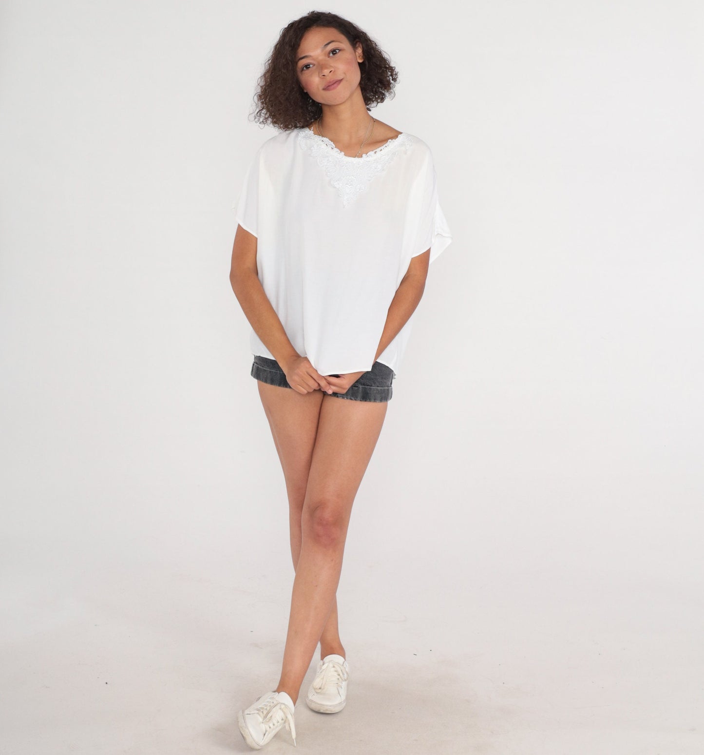 90s White Floral Lace Appliqué Blouse Short Sleeve Top Extra Large XXL