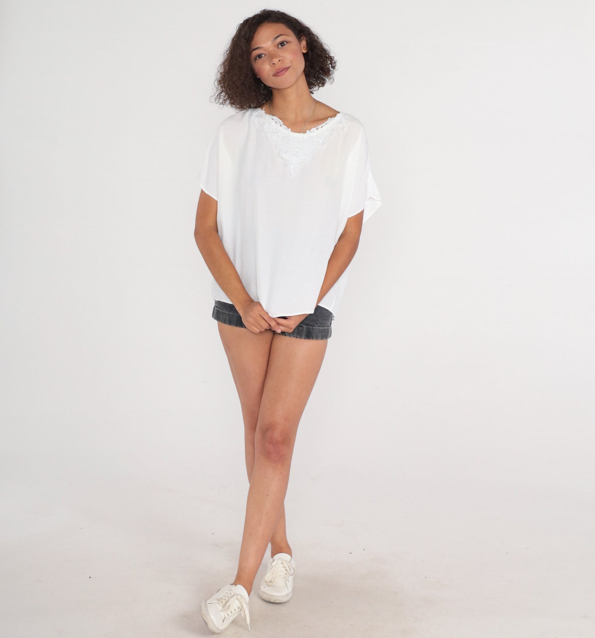 90s White Floral Lace Appliqué Blouse Short Sleeve Top Extra Large XXL