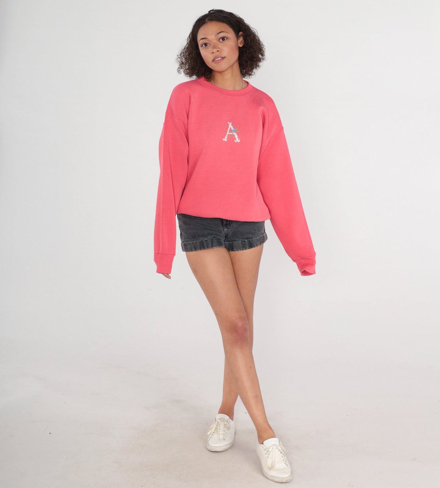 90s Pink Monogrammed A Sweatshirt Embroidered Crewneck Pullover Large L