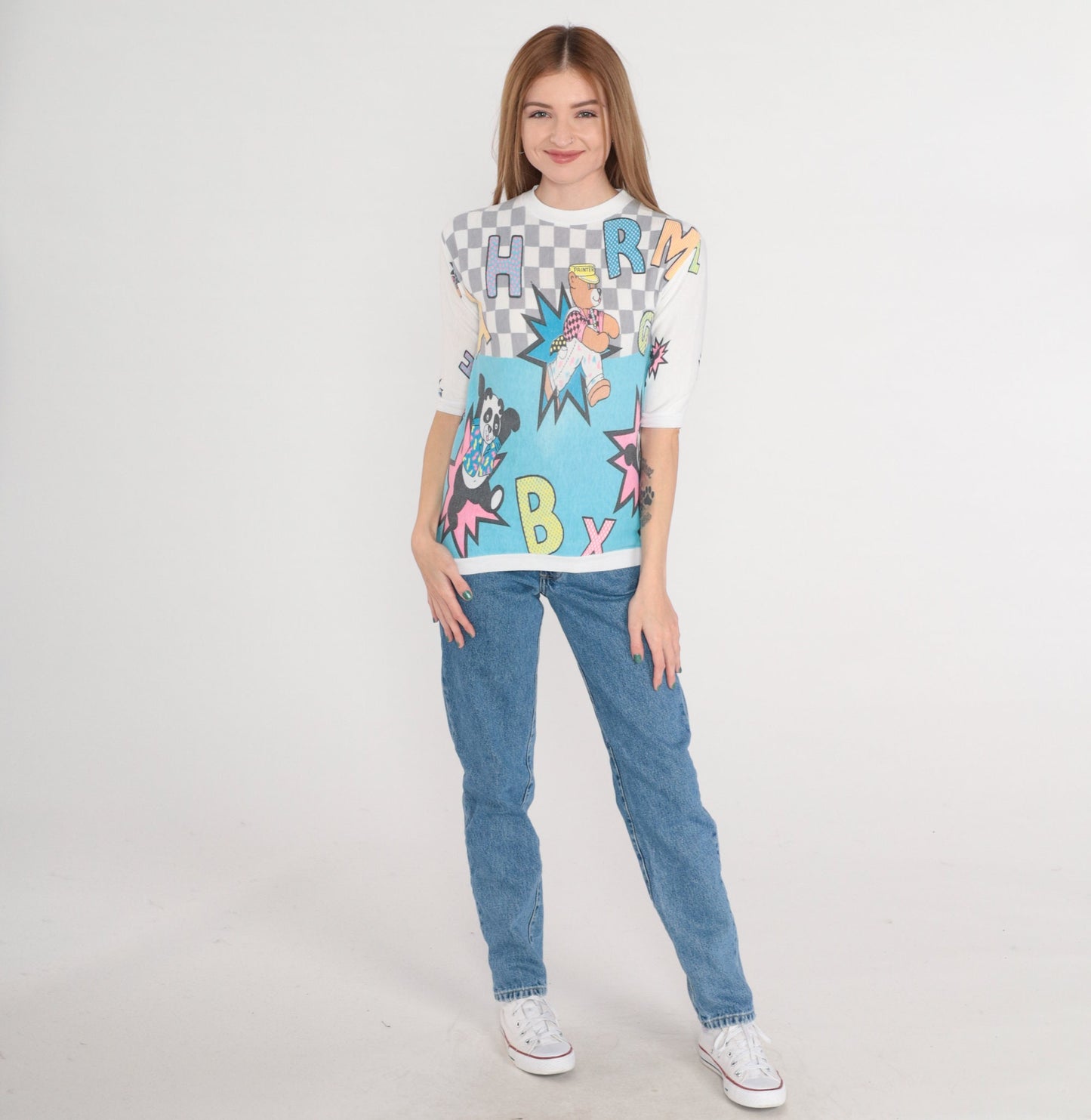 80s Cartoon Bear Alphabet Checkered Print T-Shirt White Banded Hem XXS