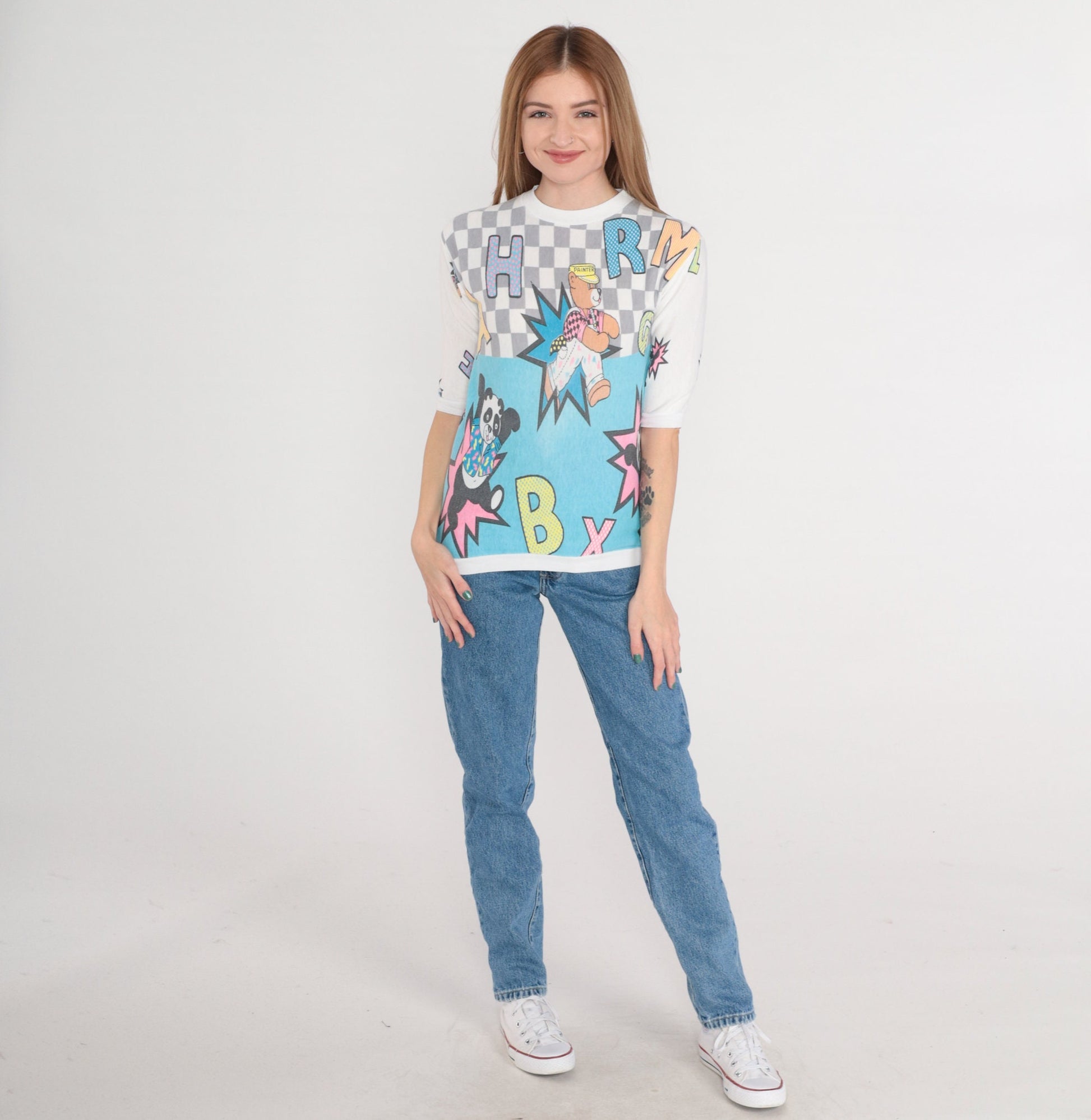 80s Cartoon Bear Alphabet Checkered Print T-Shirt White Banded Hem XXS