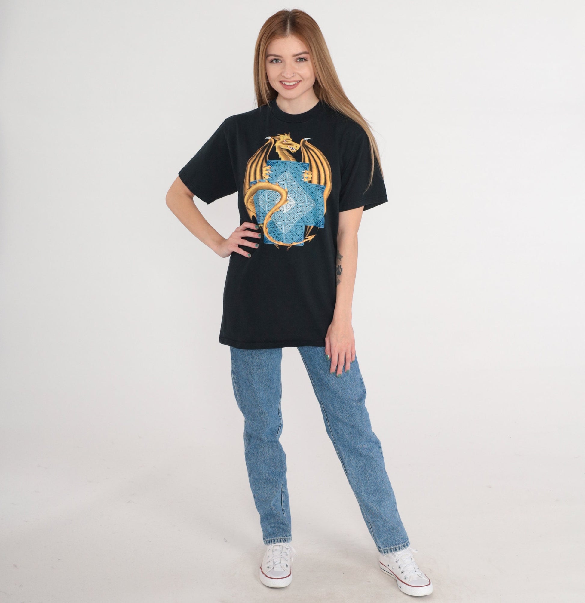 90s Dragon Sacred Geometry Graphic T-Shirt Black Medium M