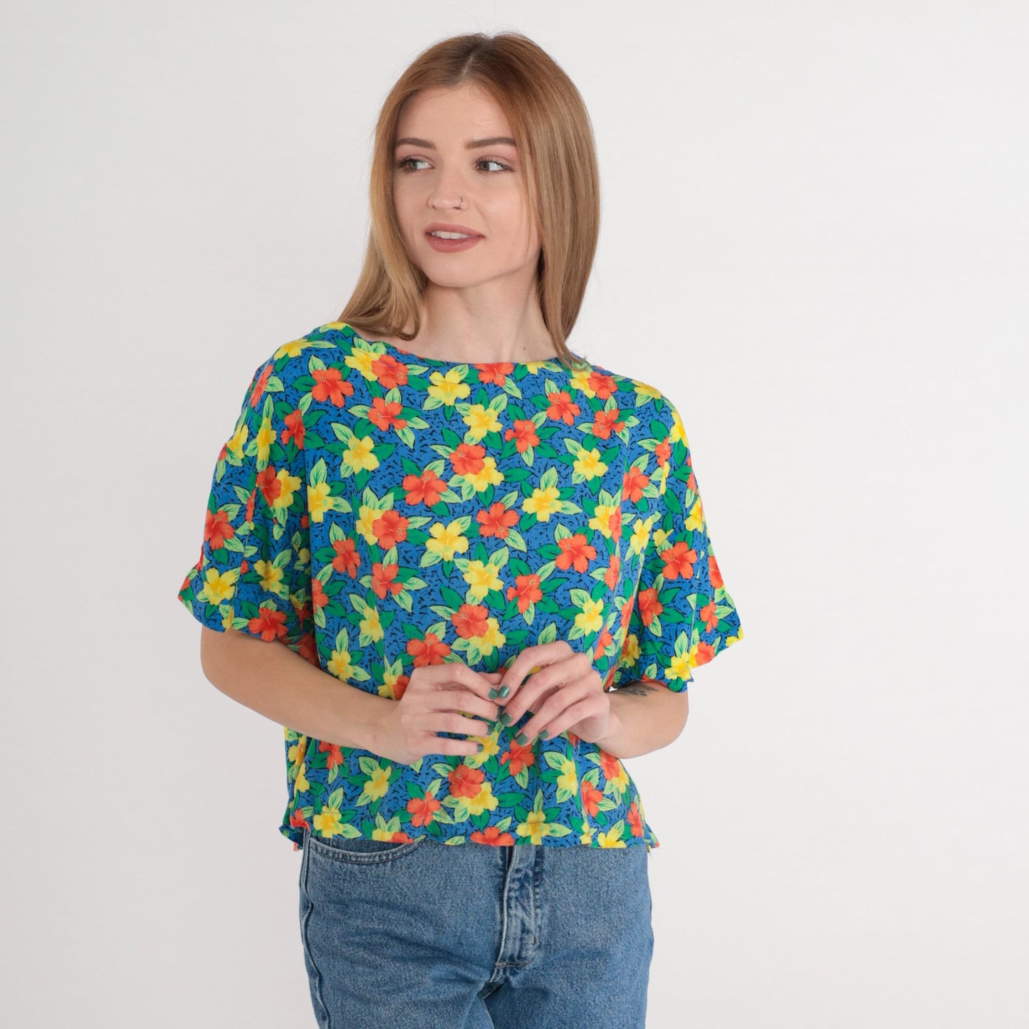 90s Tropical Hibiscus Floral Rayon Shirt Blue Short Sleeve Small