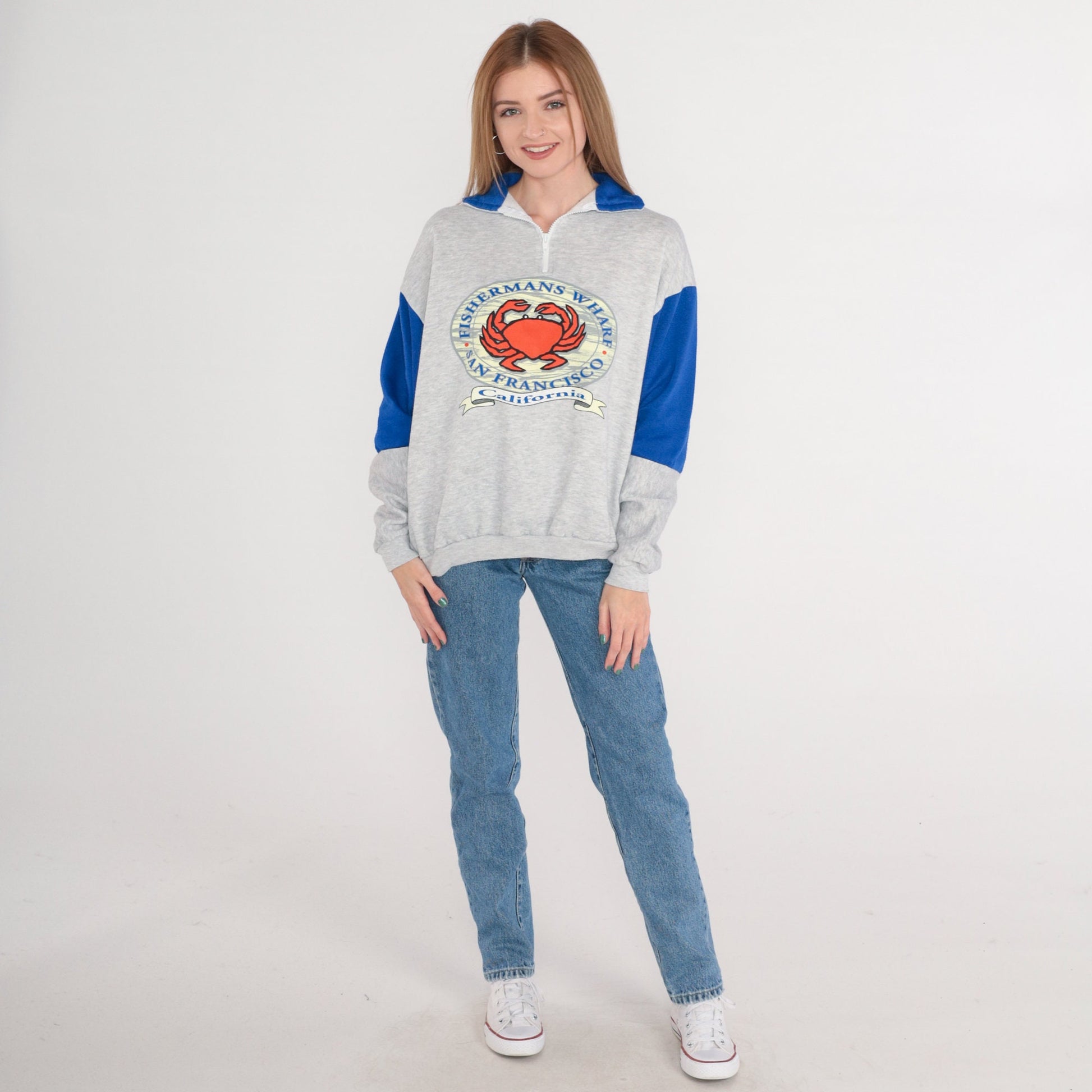80s San Francisco Fisherman's Wharf Crab Graphic Sweatshirt Quarter Zip Grey Medium