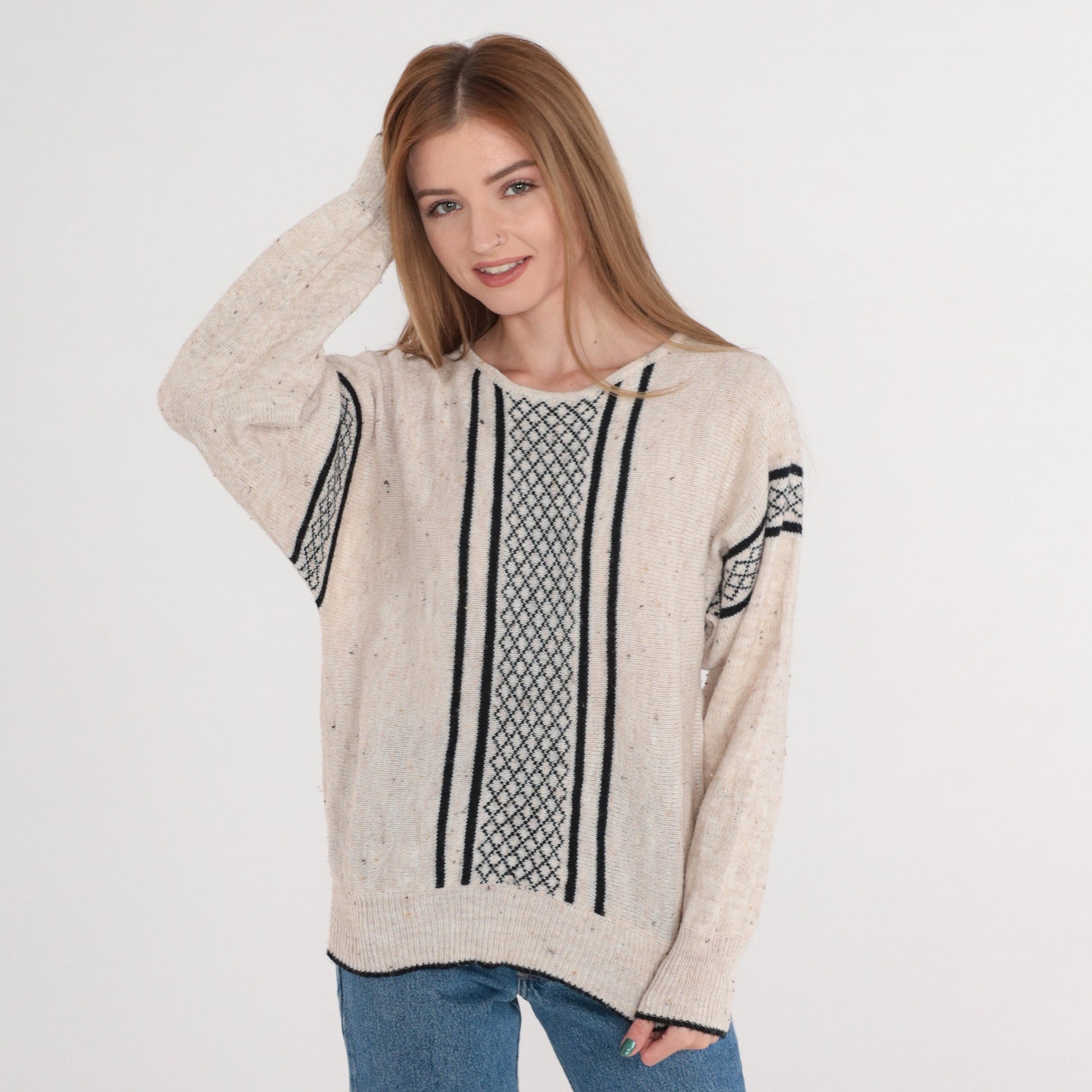 80s Gitano Striped Checkered Knit Sweater Oatmeal Black Small
