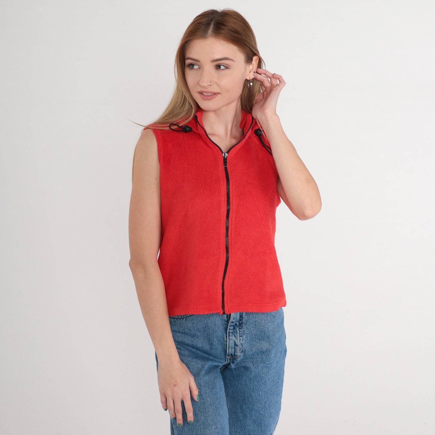 90s Forever 21 Red Fleece Hooded Zip Vest Small